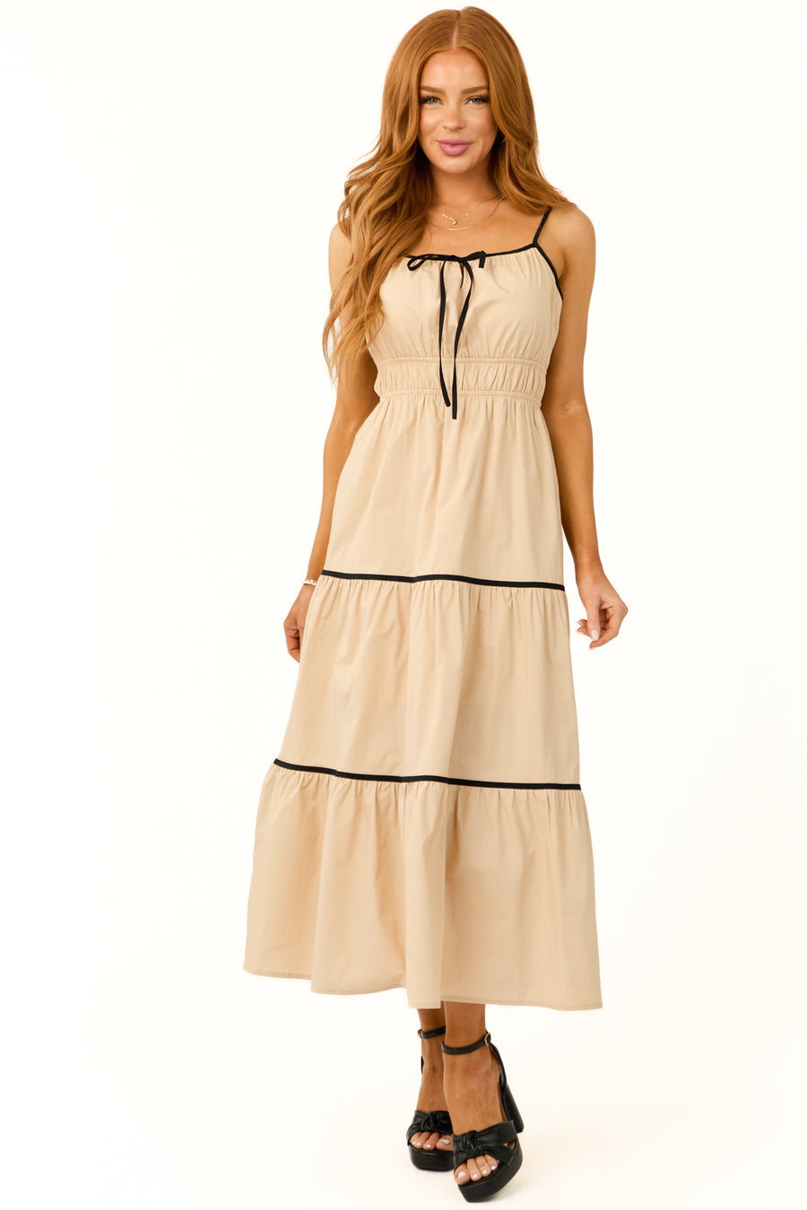 Almond Contrast Trim Sleeveless Maxi Dress