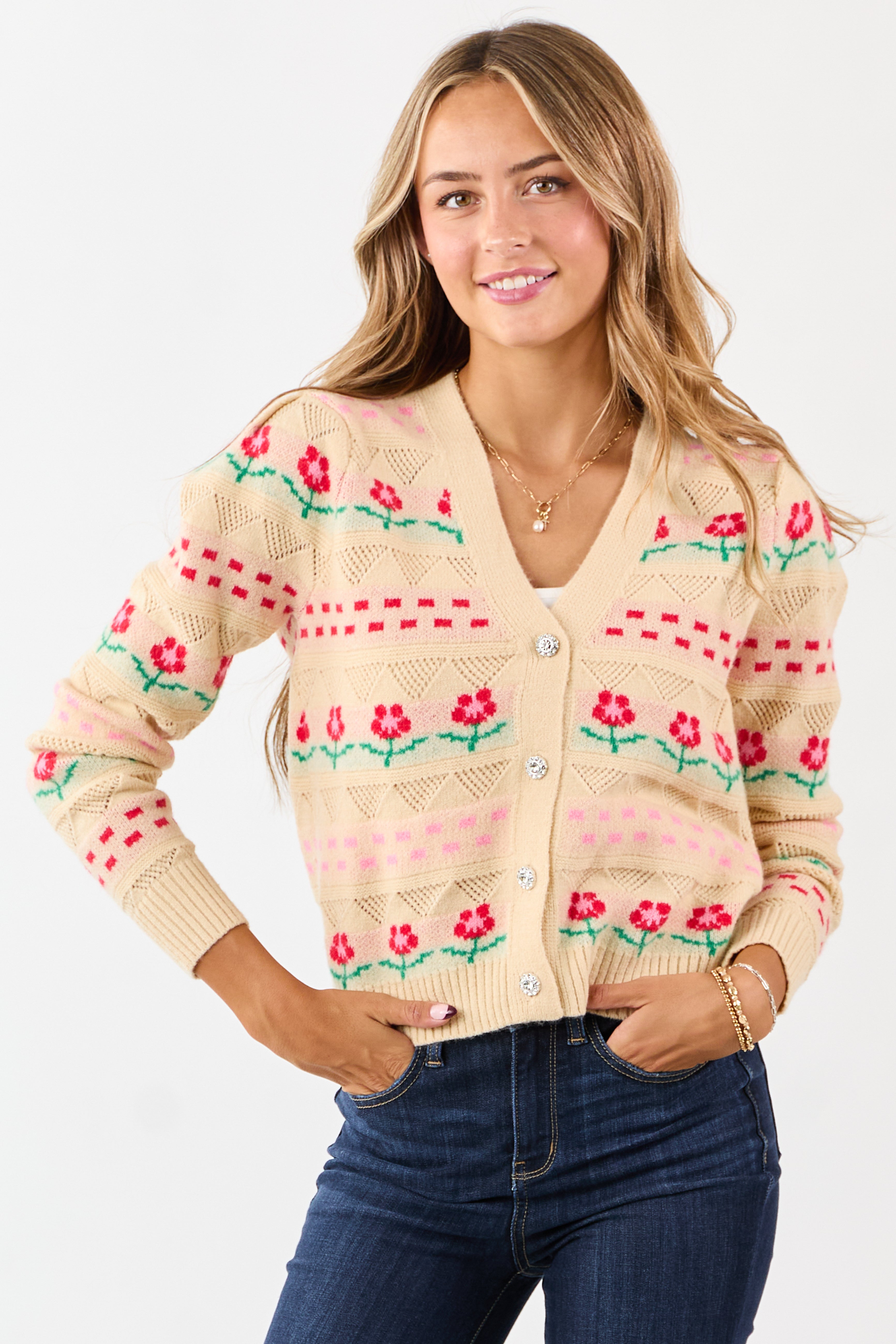 Almond Floral Print Pointelle Knit Cardigan | Lime Lush Boutique