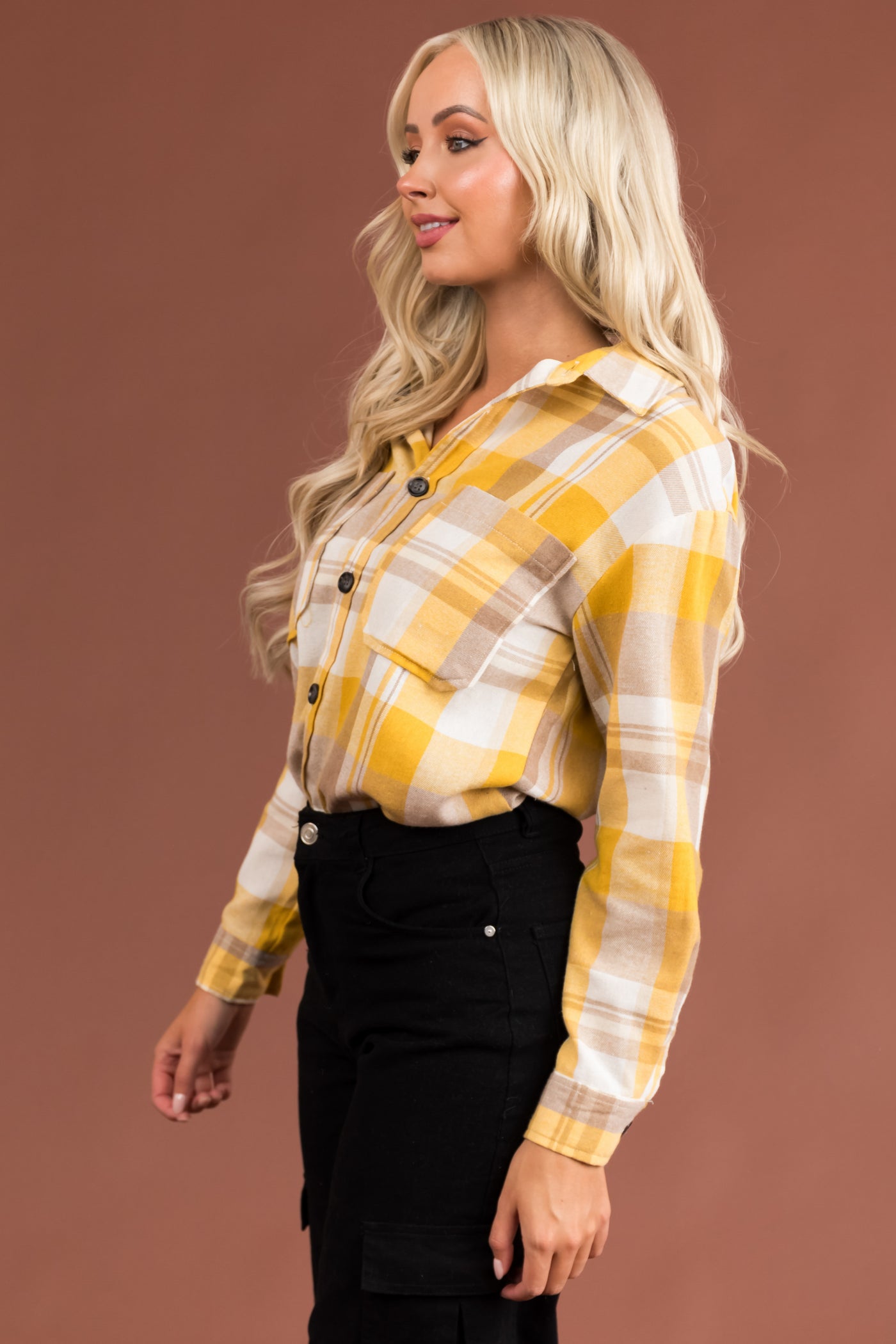 Amber Plaid Button Up Long Sleeve Top