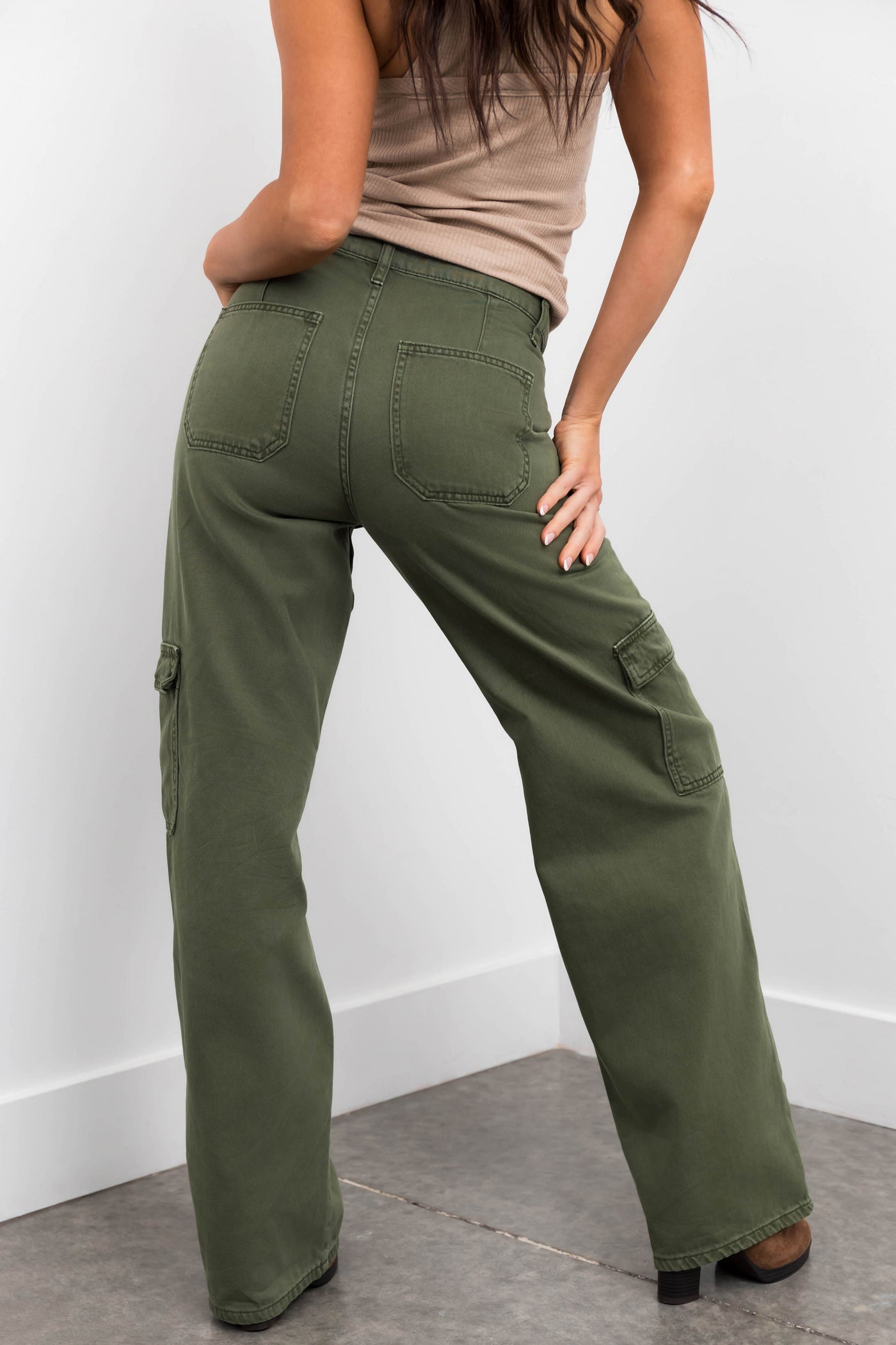 Army Green High Rise Wide Leg Cargo Jeans