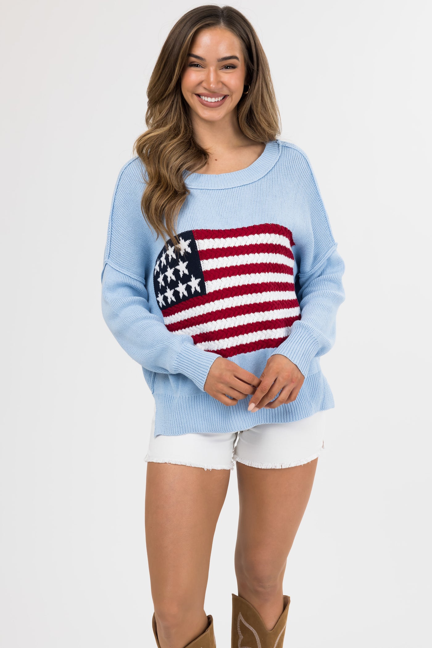 Baby Blue American Flag Crochet Knit Sweater