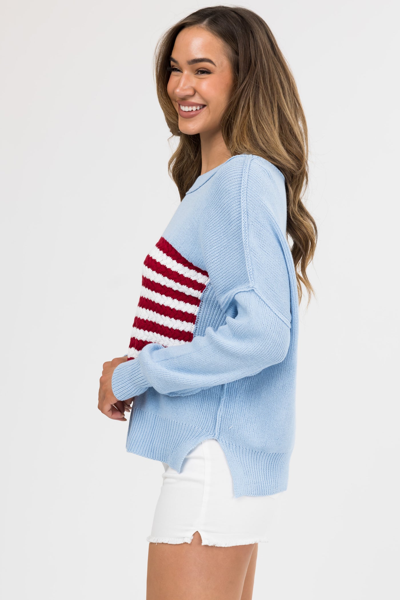 Baby Blue American Flag Crochet Knit Sweater