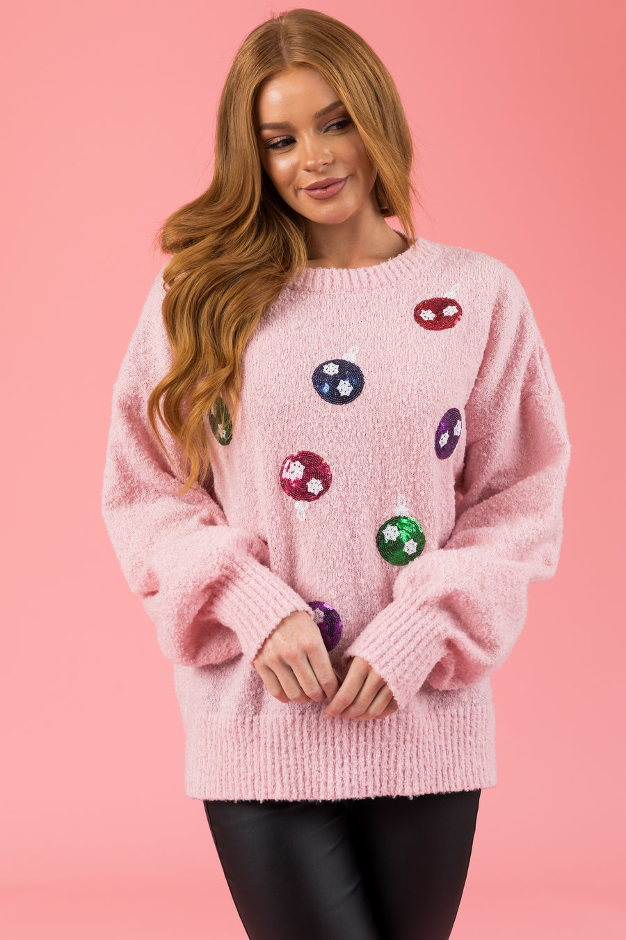 Baby Pink Sequined Ornament Fuzzy Sweater