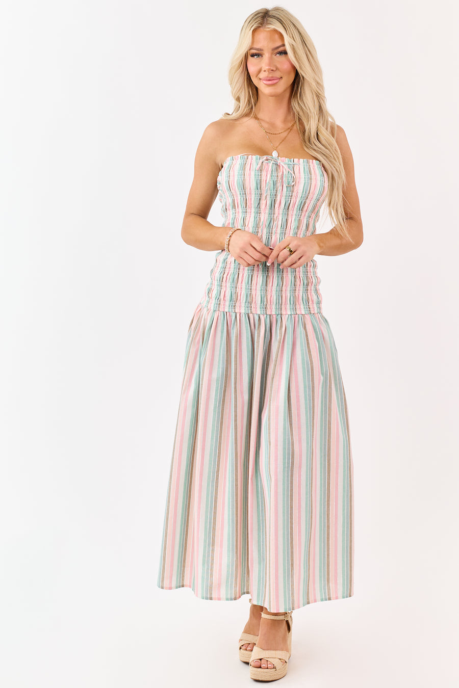 Baby Pink Striped Smocked Strapless Maxi Dress Baby Pink Striped Smocked Strapless Maxi Dress