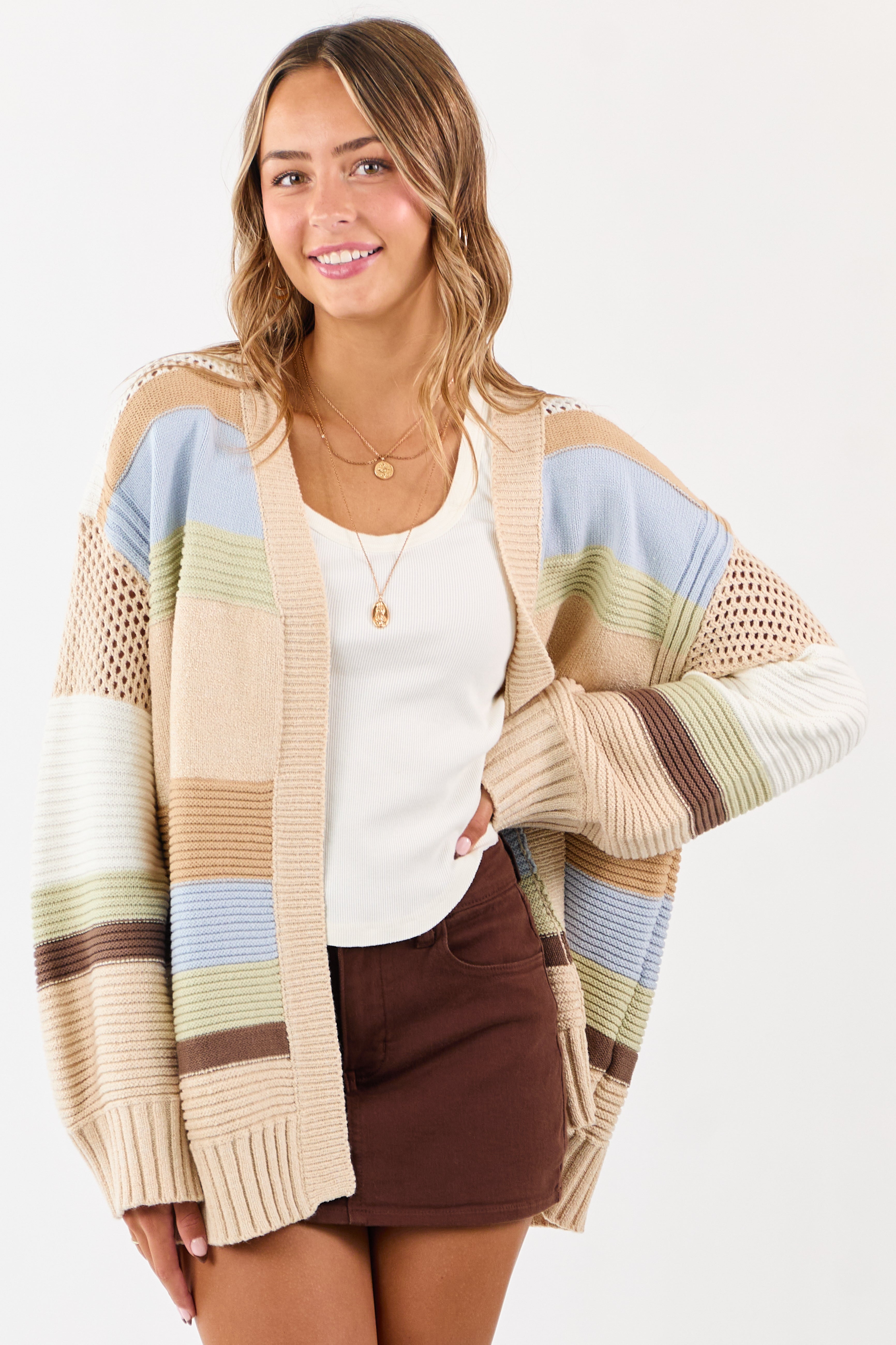 Beige Colorblock Striped Relaxed Open Front Cardigan | Lime Lush