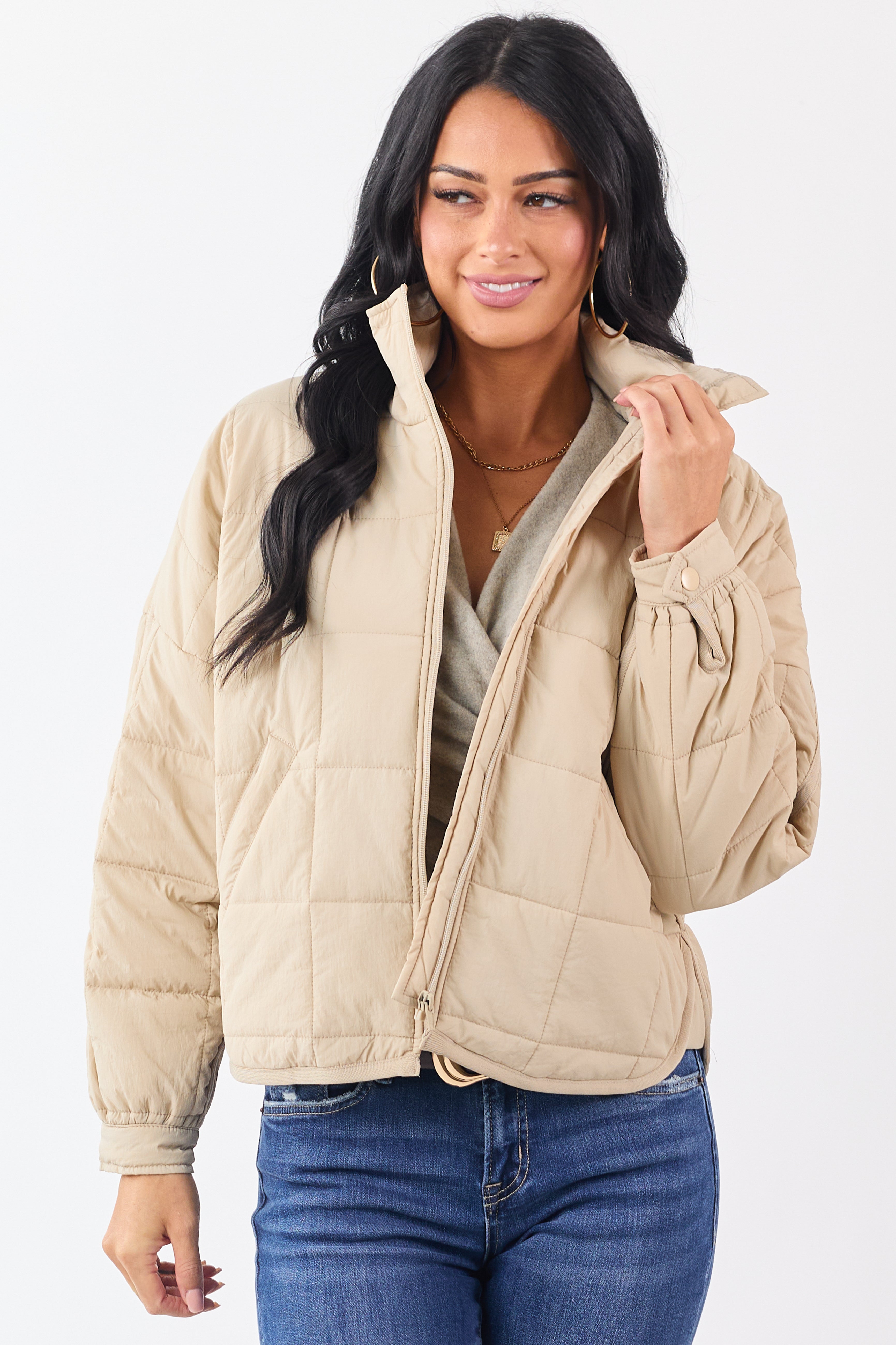 Beige Mock Neck Quilted Square Zip Up Puffer Jacket | Lime Lush