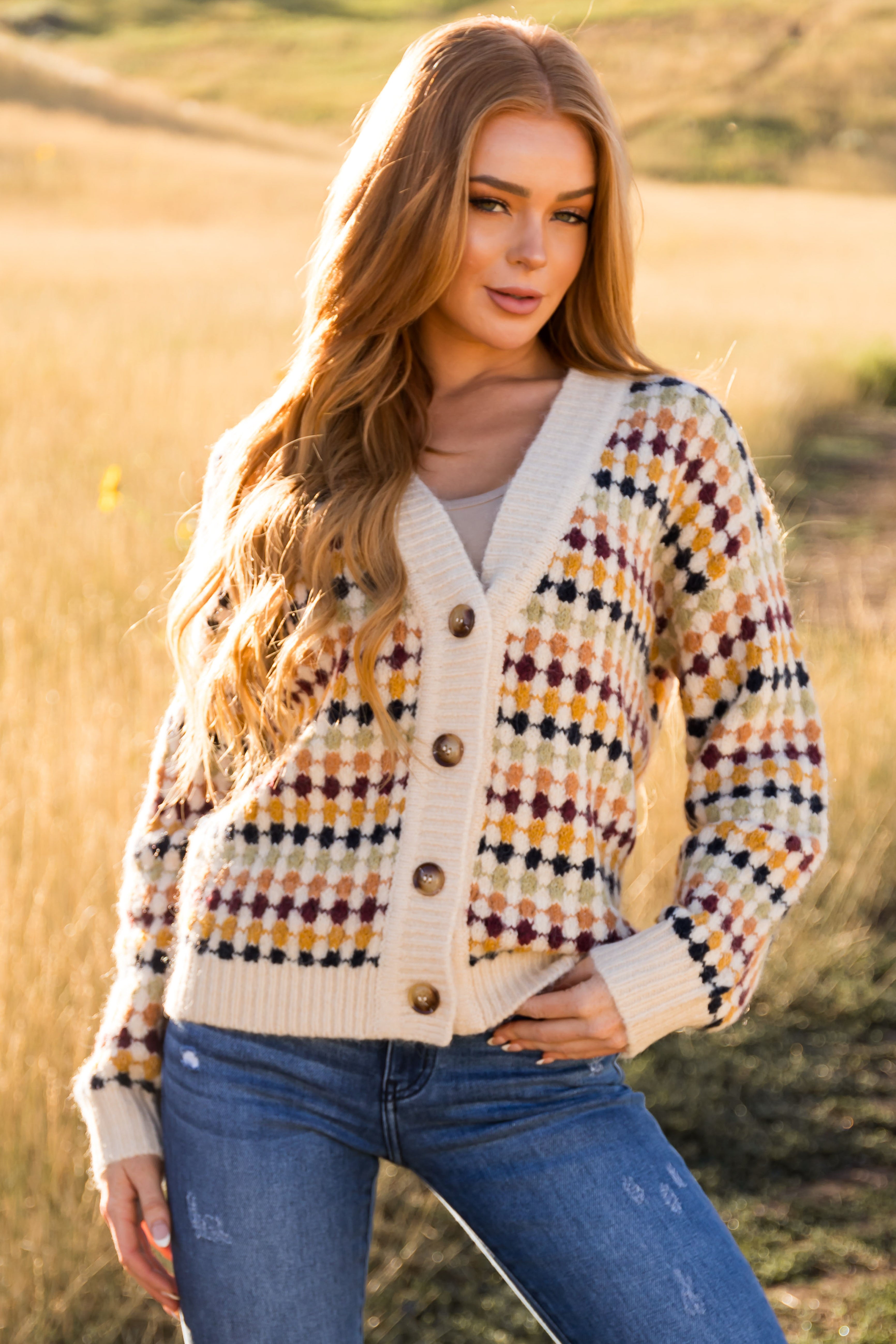 Beige Multicolor Botton Down Sweater Cardigan | Lime Lush Boutique