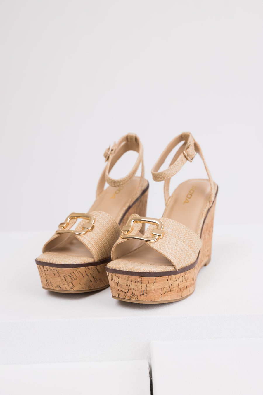Beige Open Toe Wedges with Gold Buckle Detail