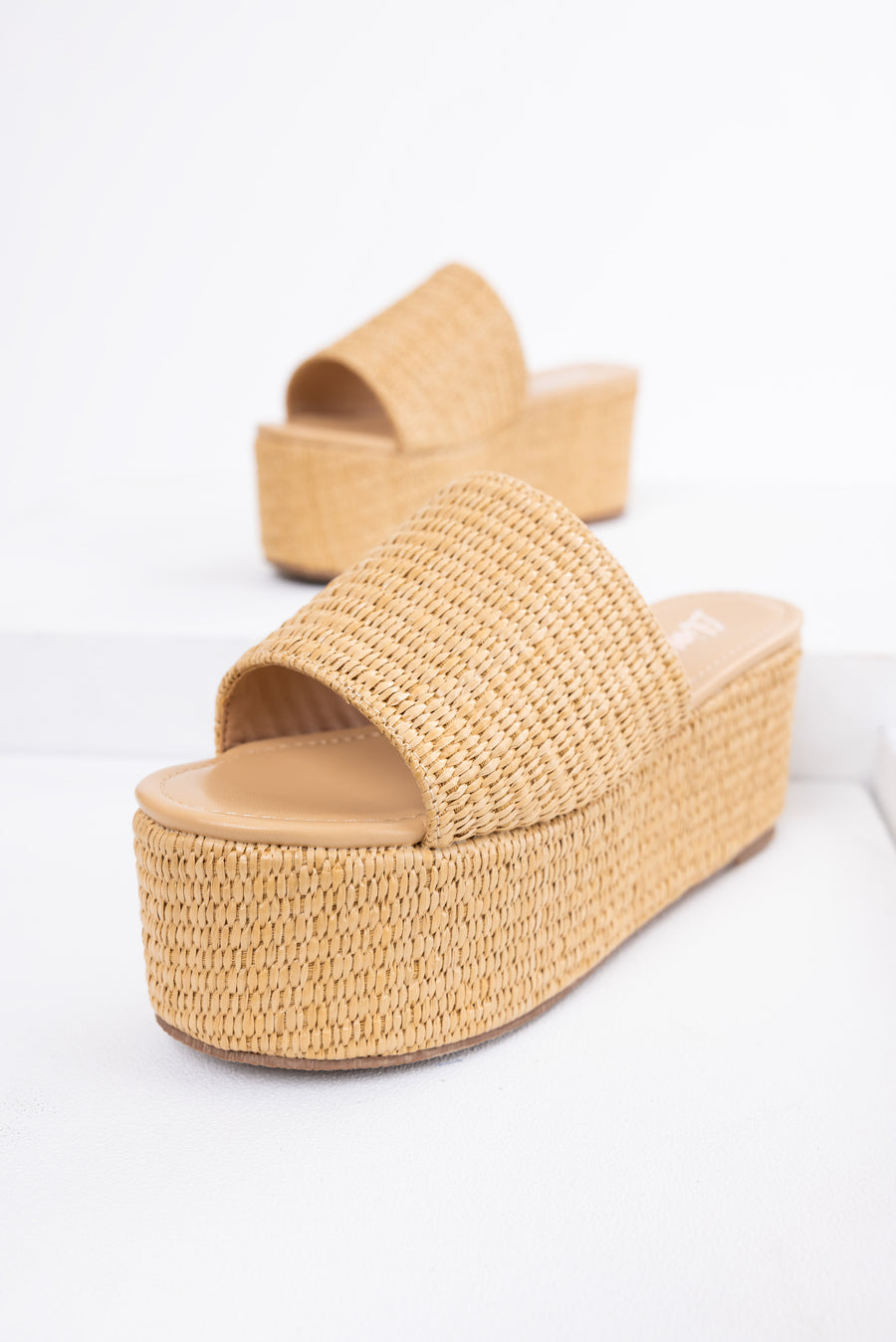 Beige Raffia Woven Platform Slide Sandals