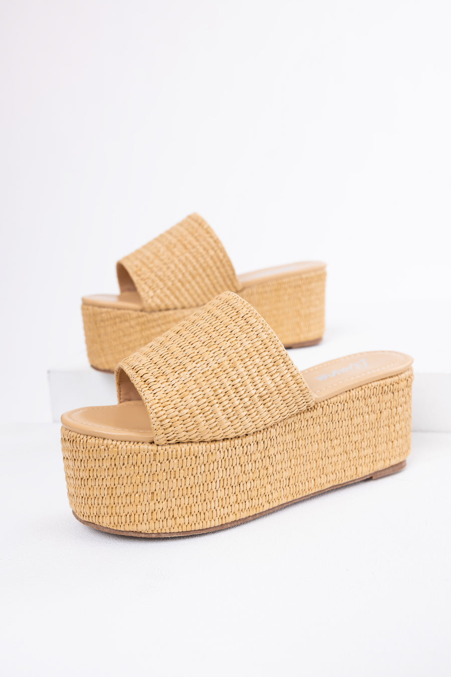Beige Raffia Woven Platform Slide Sandals