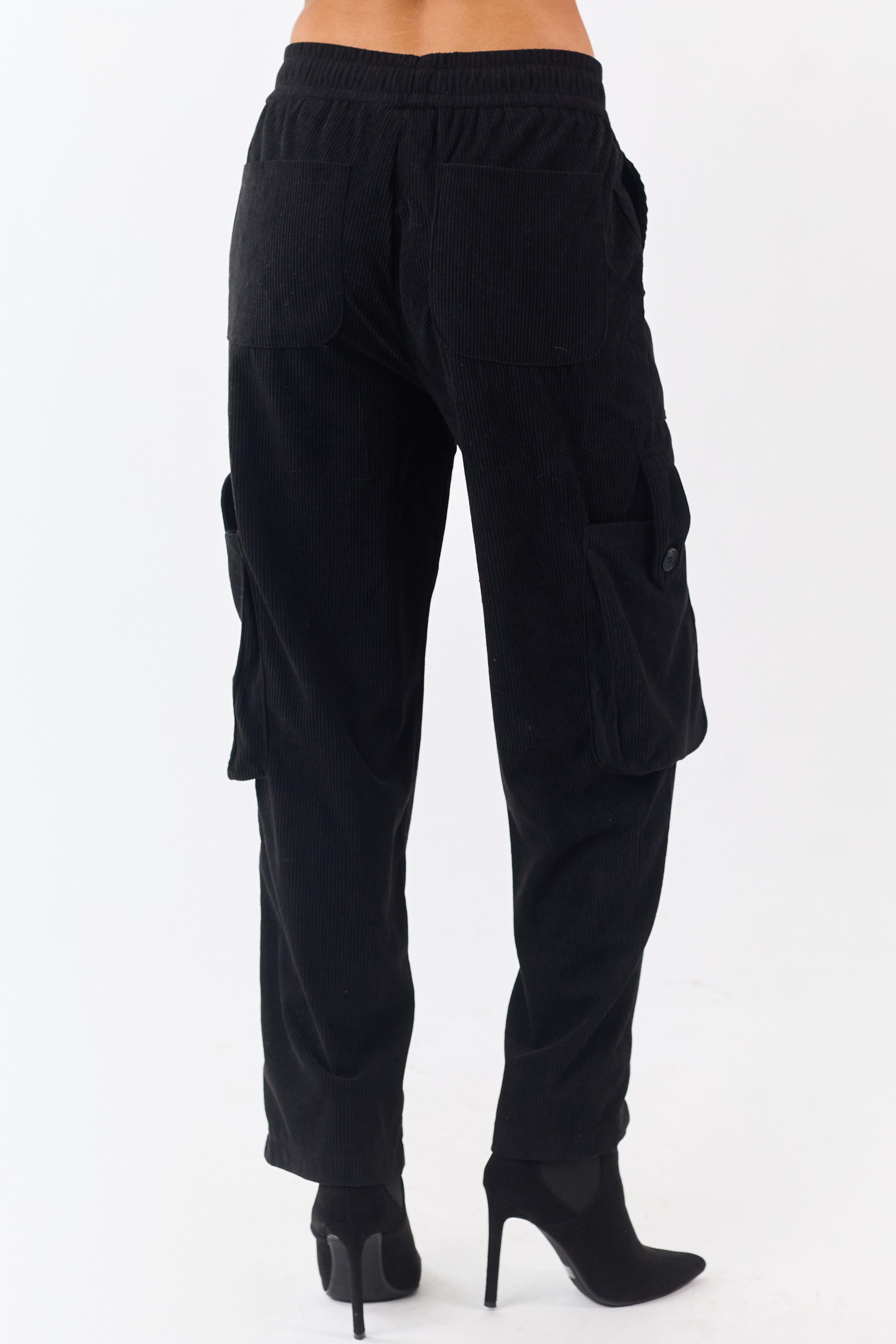 Black Corduroy Drawstring Waist Cargo Pants