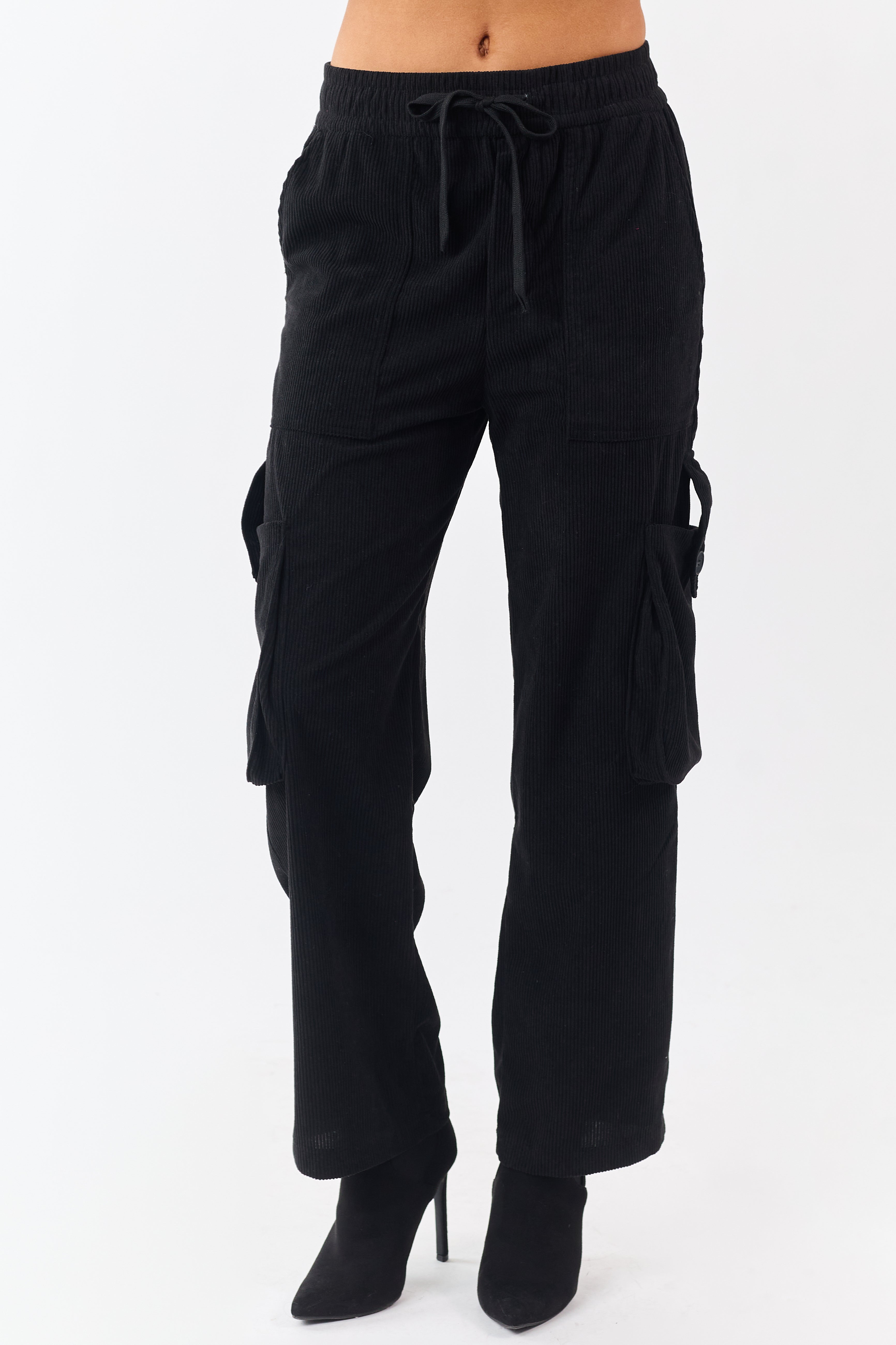 Black Corduroy Drawstring Waist Cargo Pants