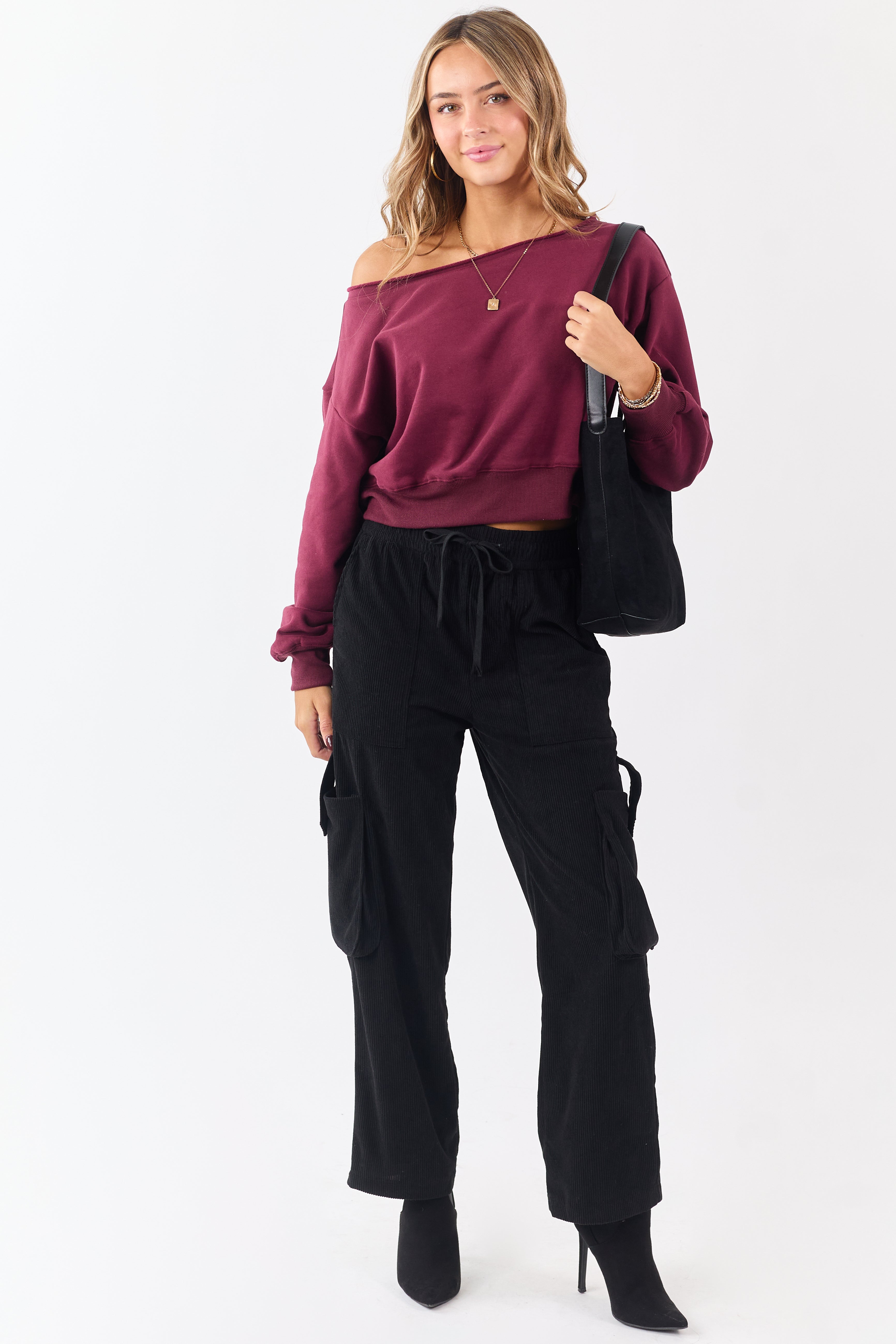 Black Corduroy Drawstring Waist Cargo Pants