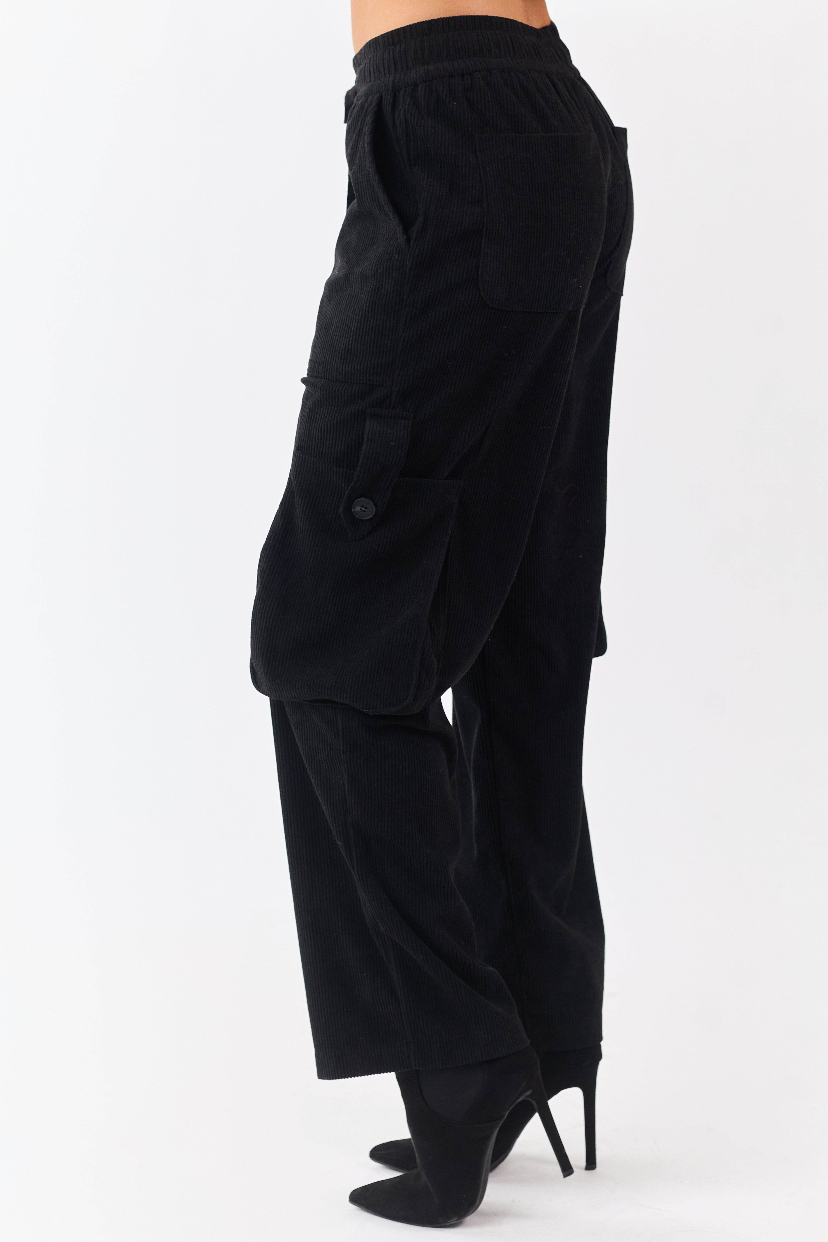 Black Corduroy Drawstring Waist Cargo Pants