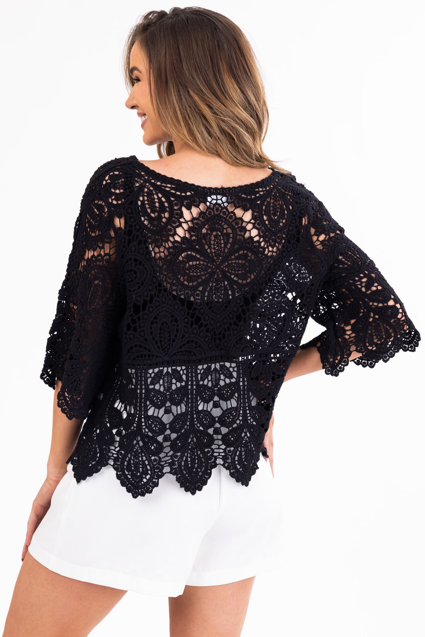 Black Crochet Lace Scalloped Half Sleeve Top