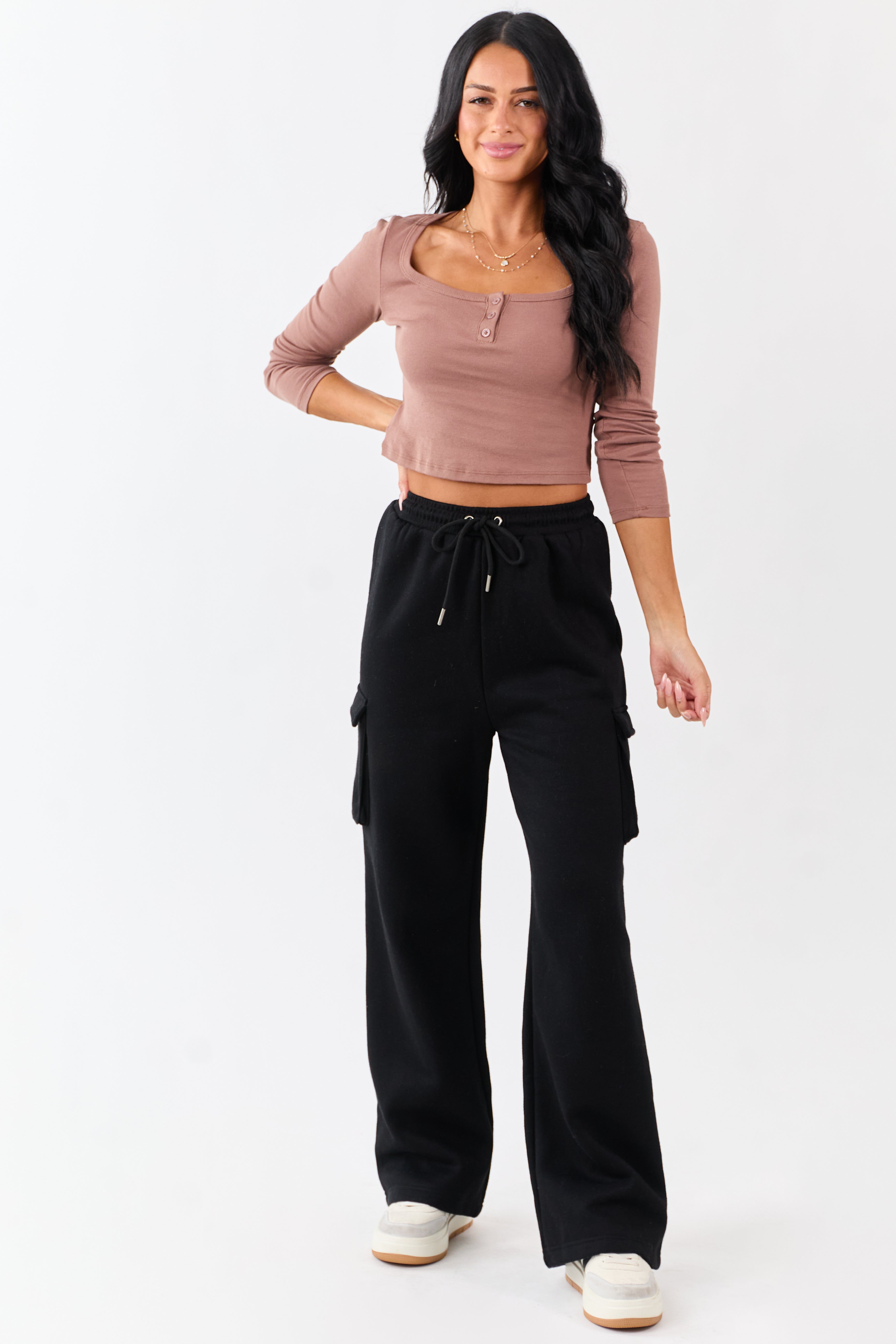 Black Elastic Waist Knit Cargo Sweatpants