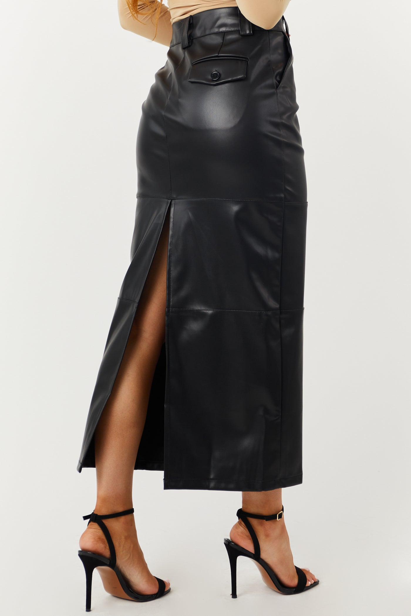 Black Faux Leather Back Slit Midi Skirt