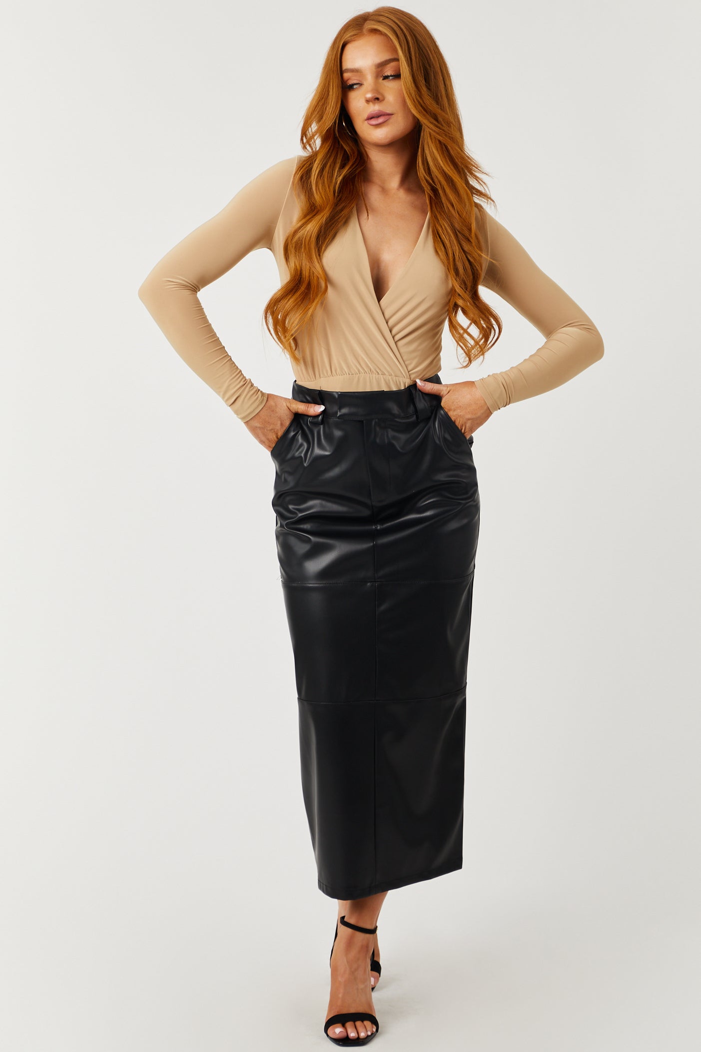 Black Faux Leather Back Slit Midi Skirt
