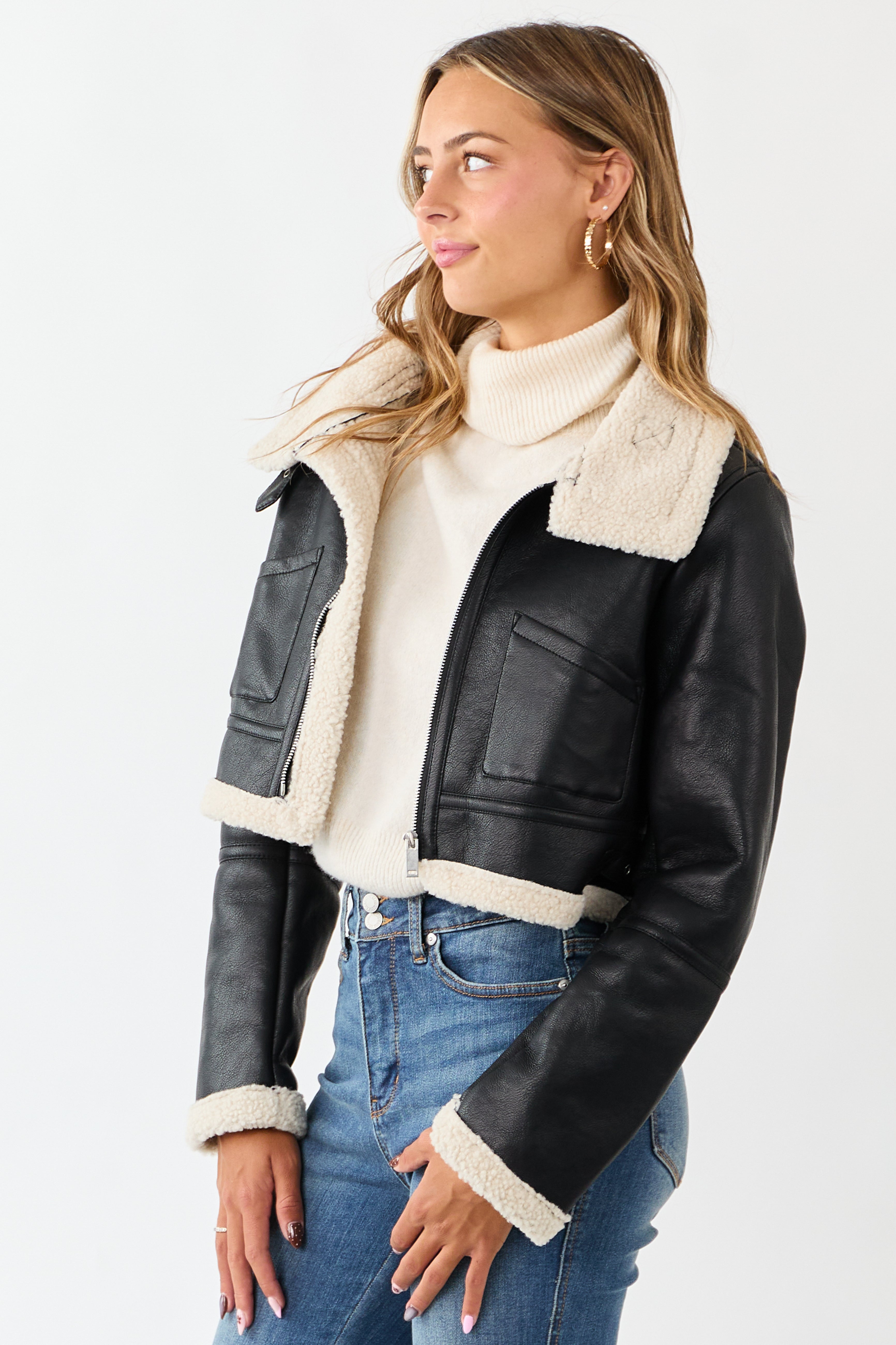Black Faux Leather Sherpa Lined Jacket