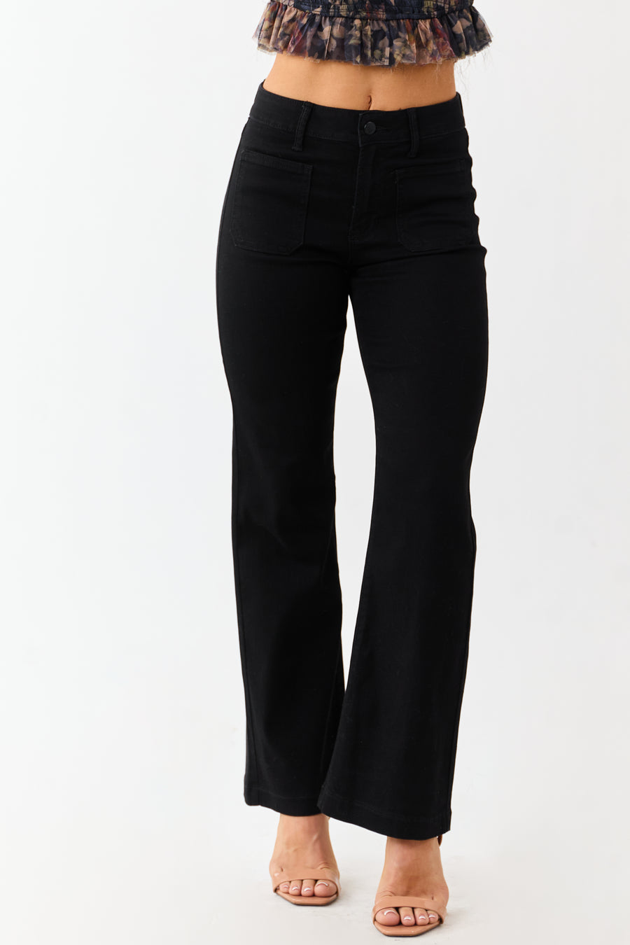 Black Flare Leg Stretchy Patch Pocket Jeans Black Flare Leg Stretchy Patch Pocket Jeans