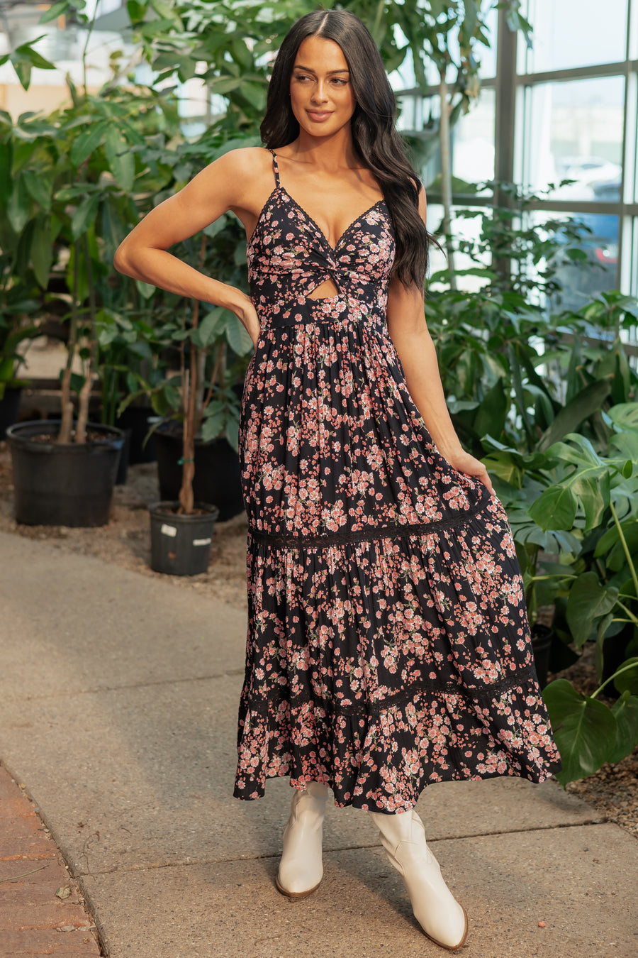 black maxi dress with flowers Black Floral Print Front Twist Deep V Maxi Dress