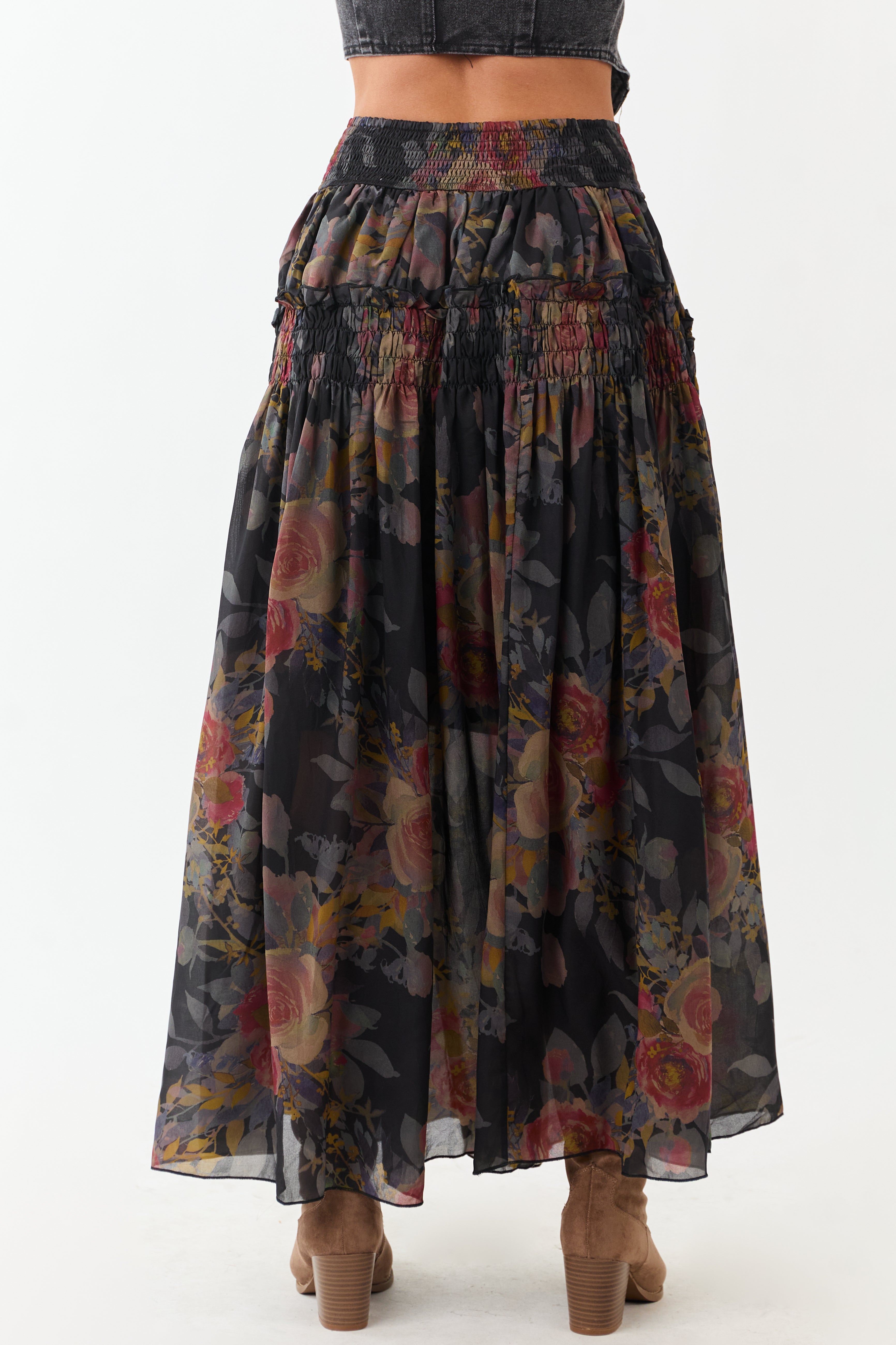 Black Floral Print Smocked Waist Maxi Skirt