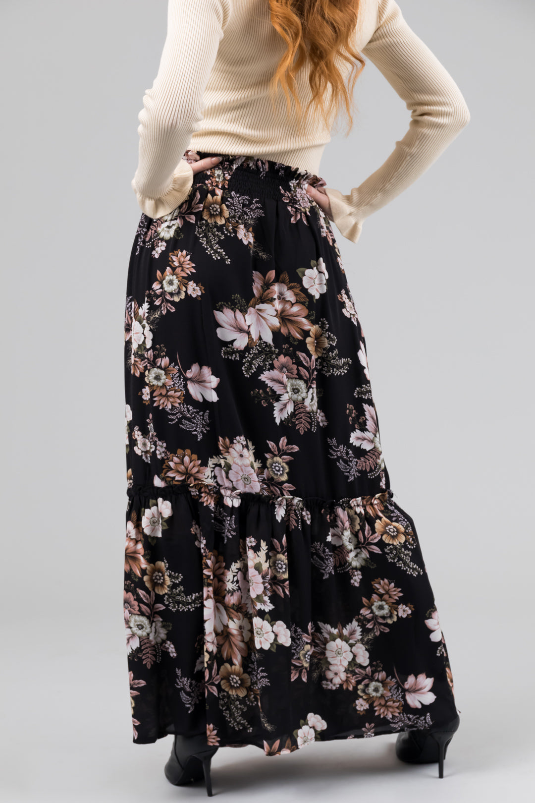 Black Floral Print Smocked Waist Maxi Skirt