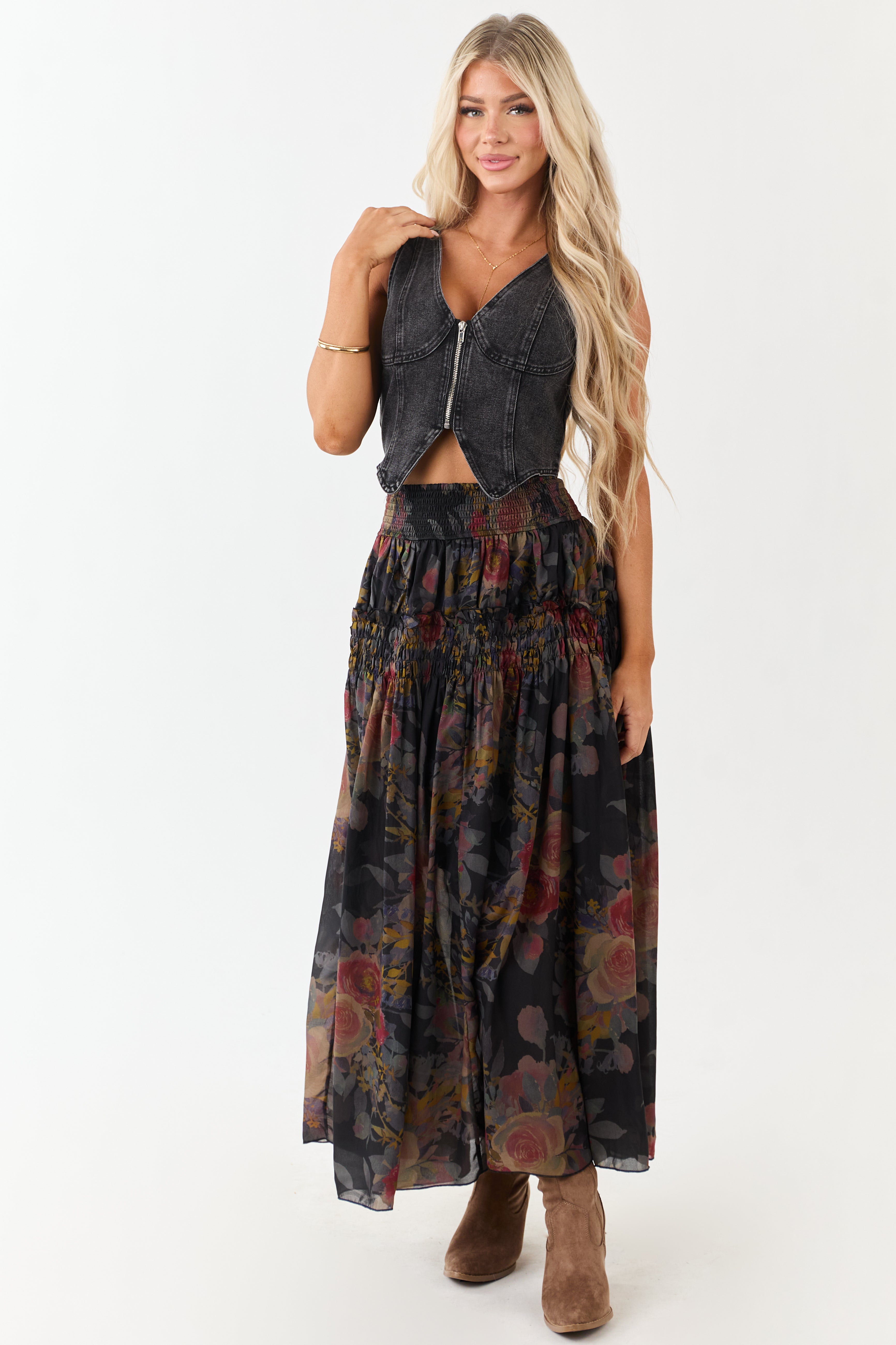 Black Floral Print Smocked Waist Maxi Skirt
