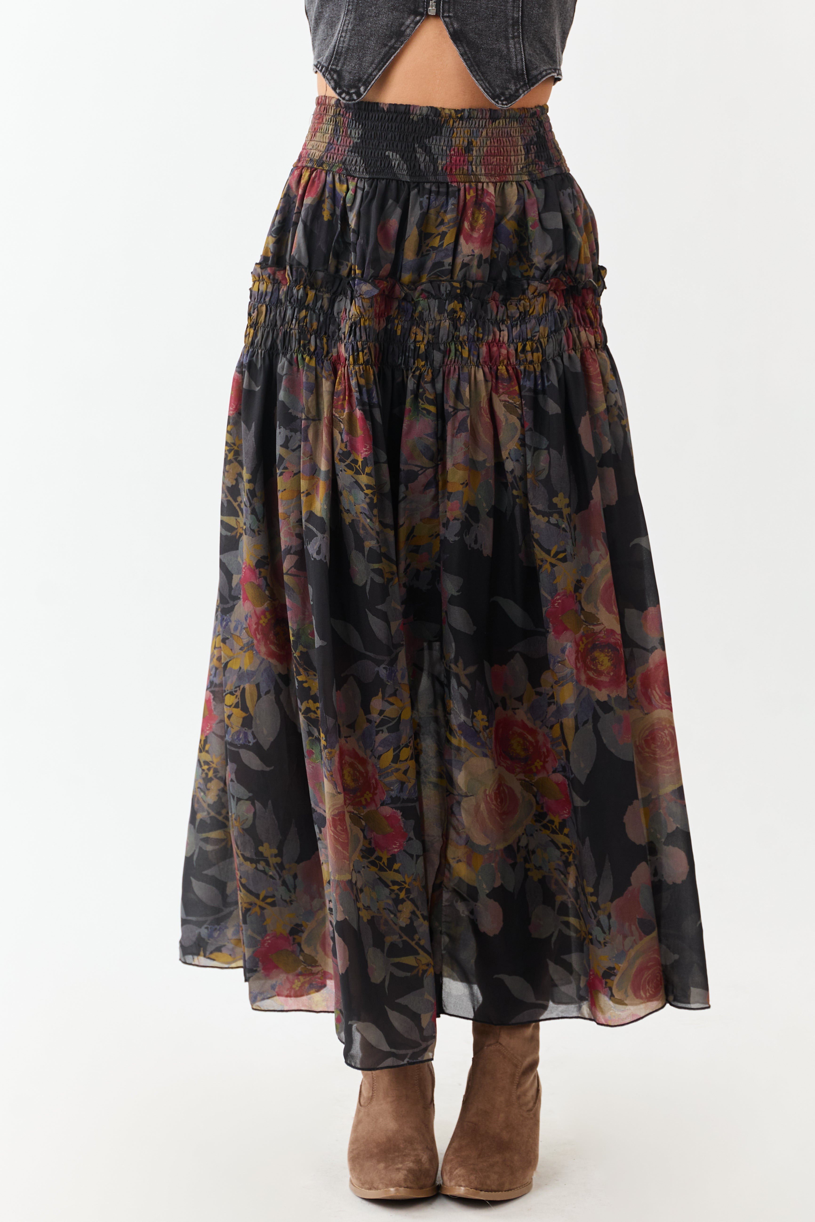 Black Floral Print Smocked Waist Maxi Skirt
