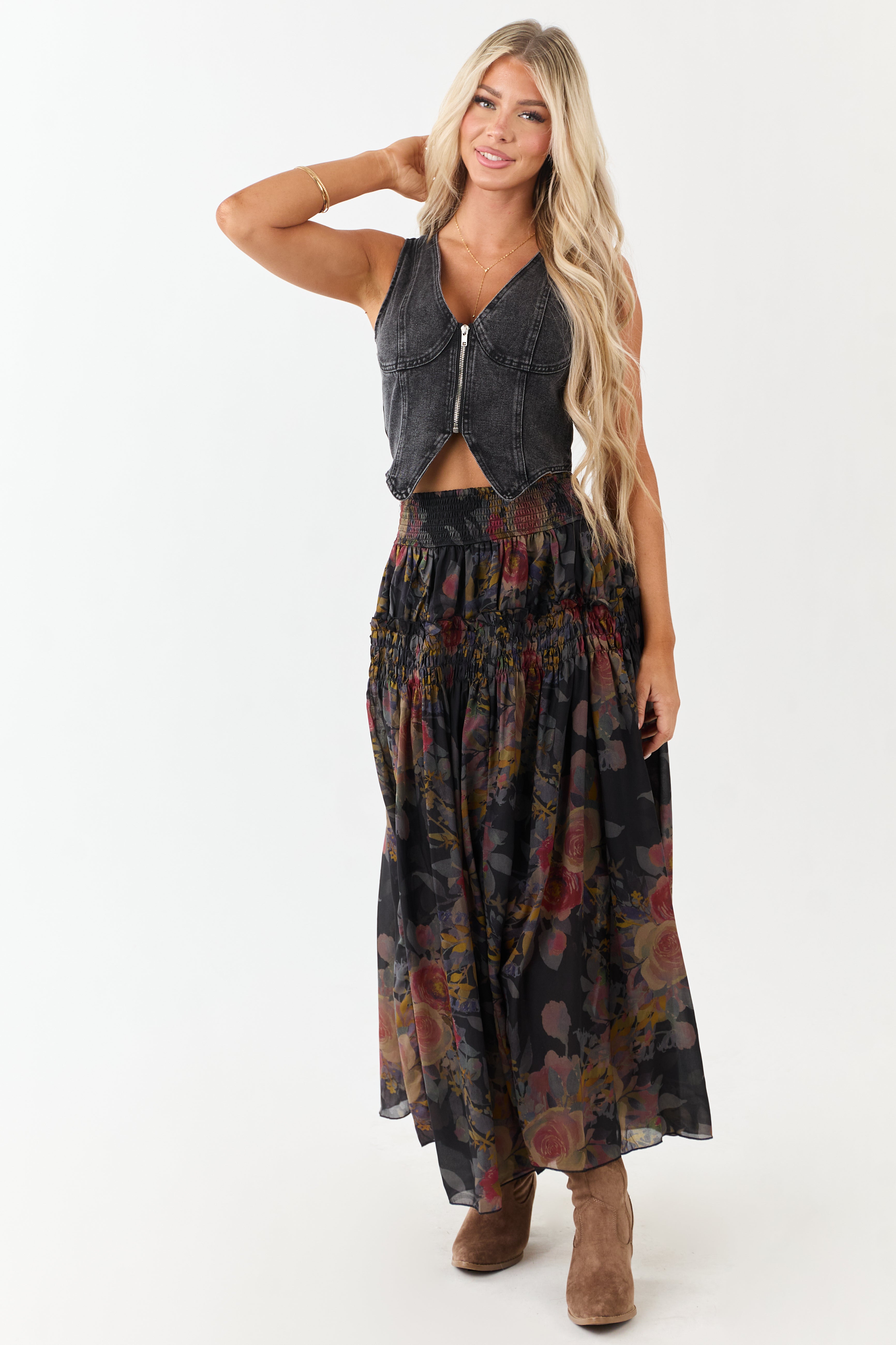 Black Floral Print Smocked Waist Maxi Skirt