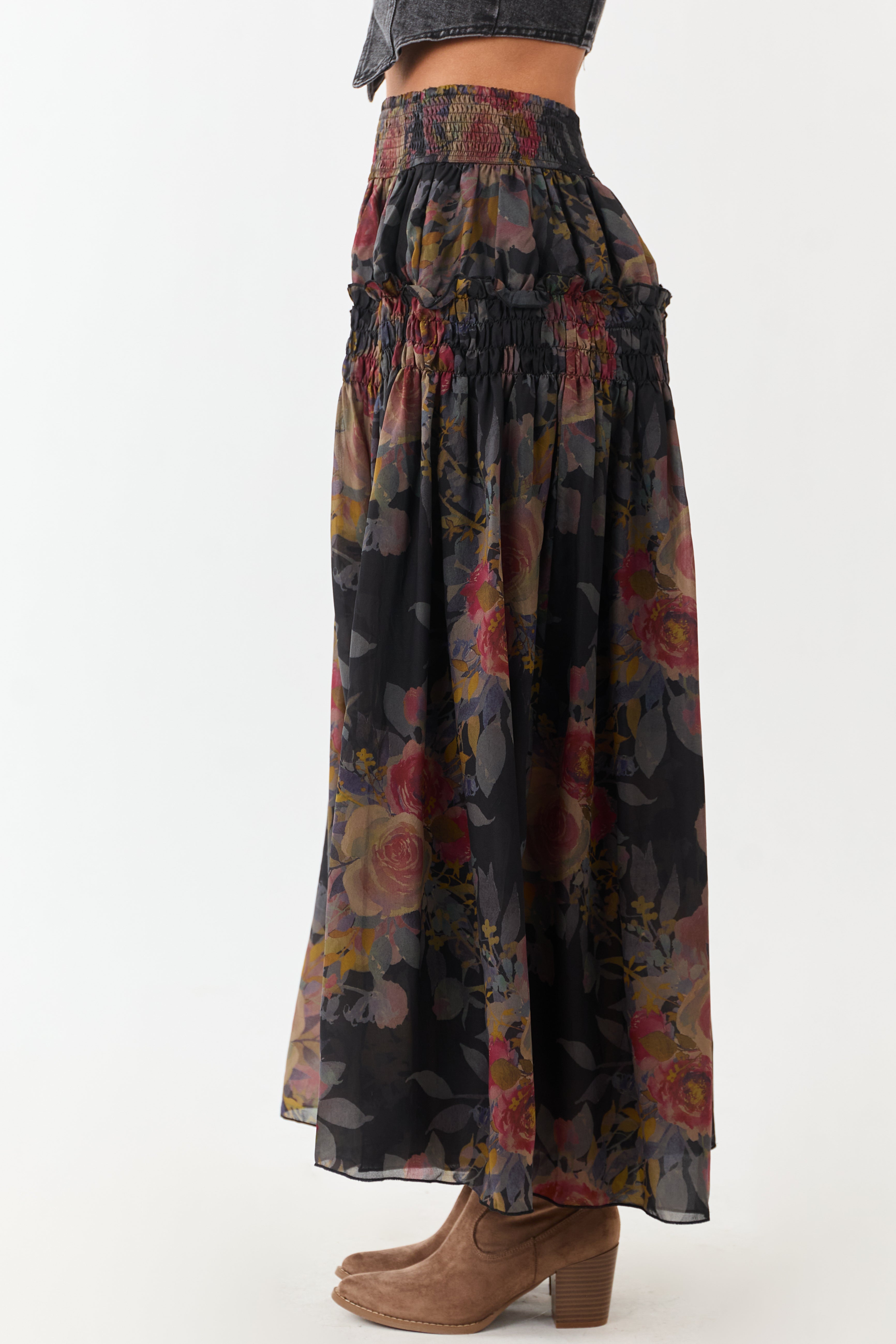 Black Floral Print Smocked Waist Maxi Skirt