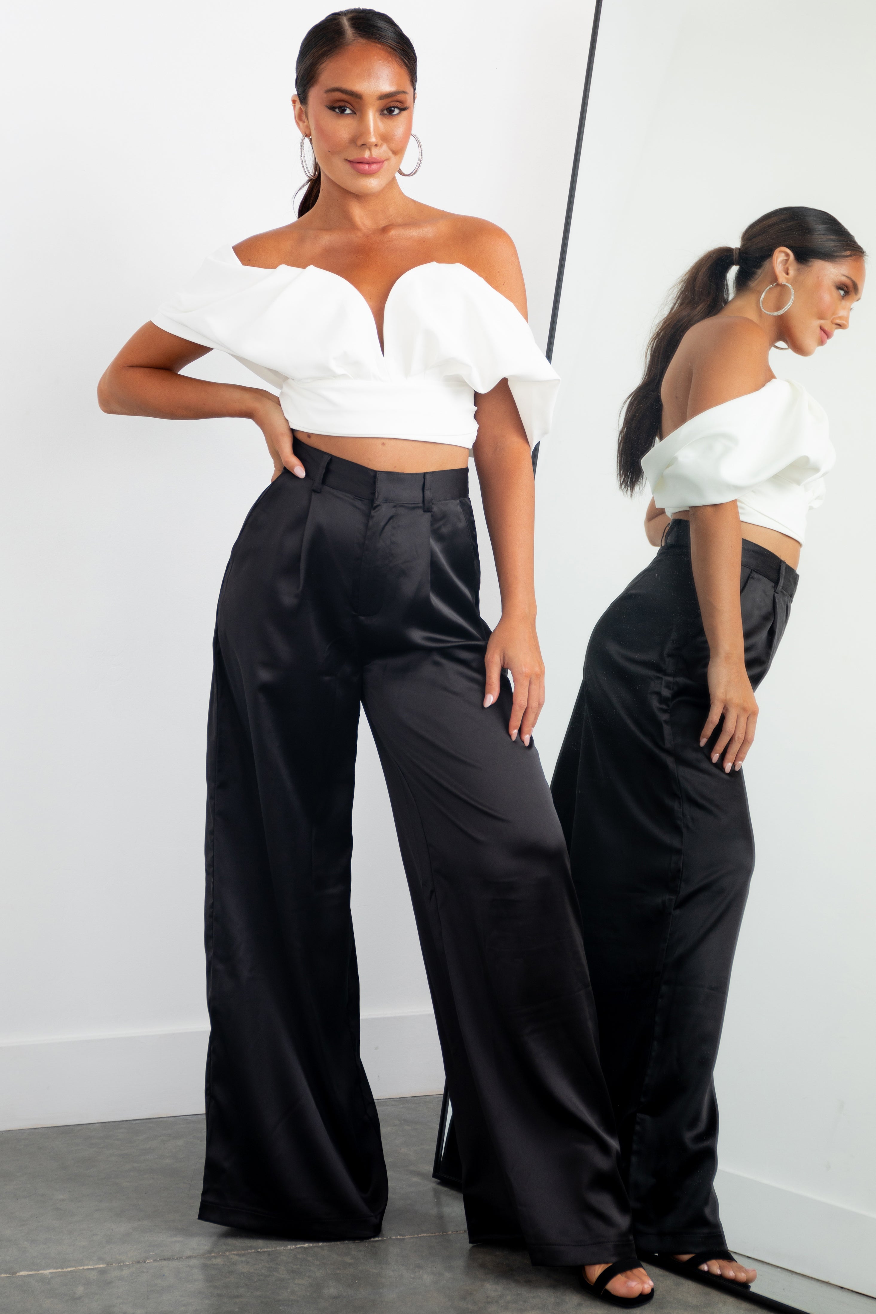 Black High Rise Wide Leg Satin Trousers Lime Lush Boutique