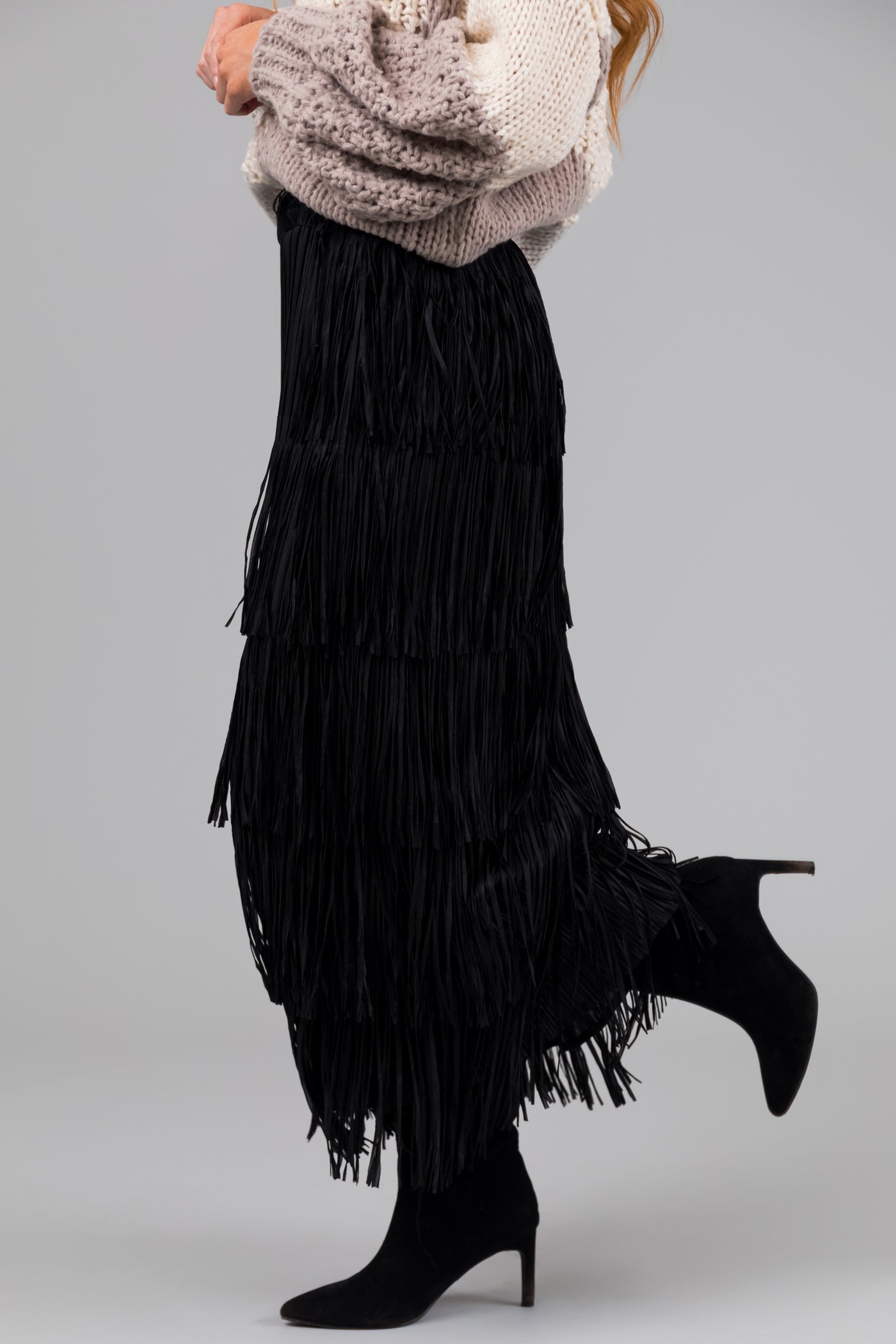 Black Midi Length Tiered Fringe Skirt