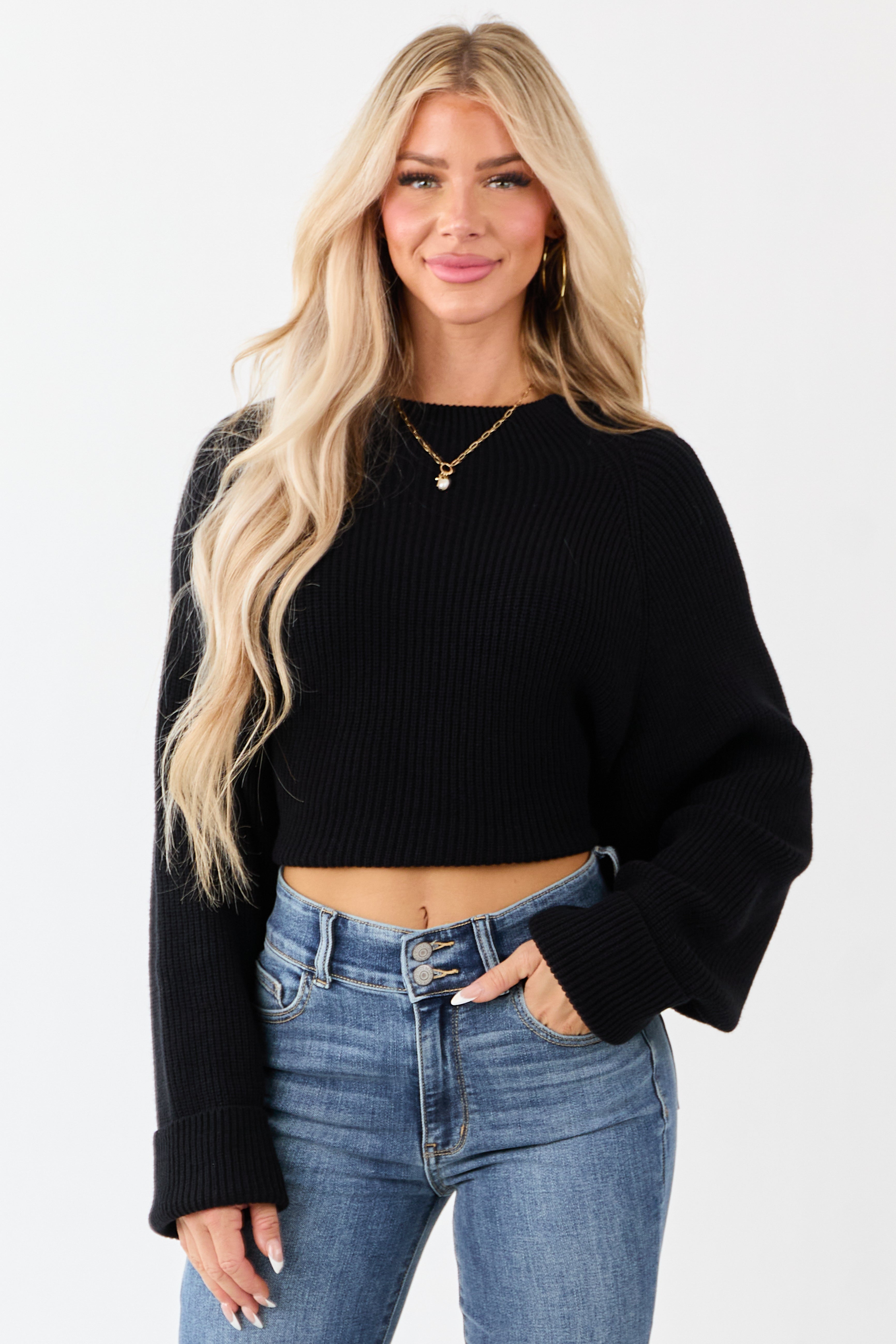 Black Mock Neck Back Cut Out Ribbed Sweater | Lime Lush Boutique