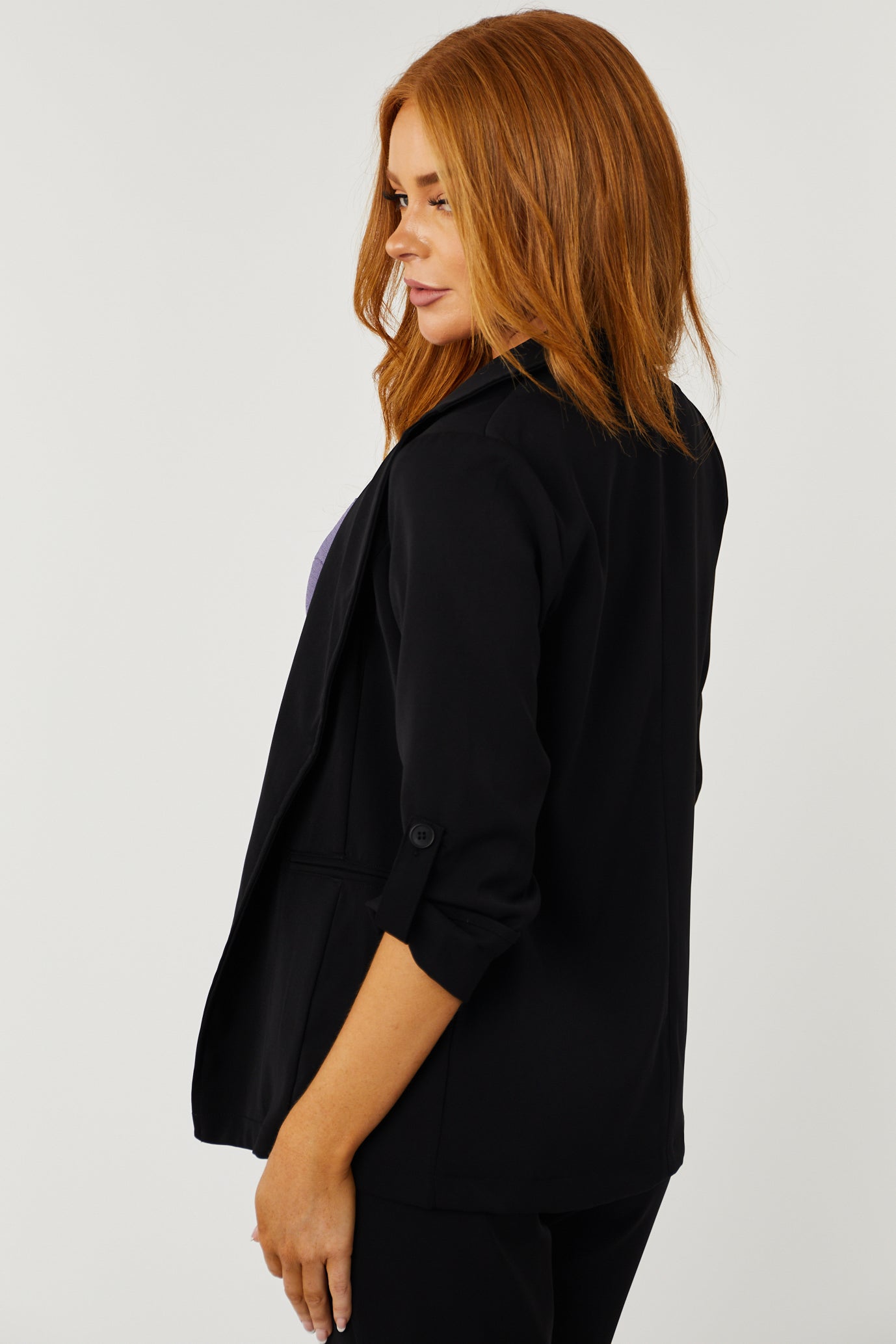 Black Open Front Rolled Button Sleeve Blazer