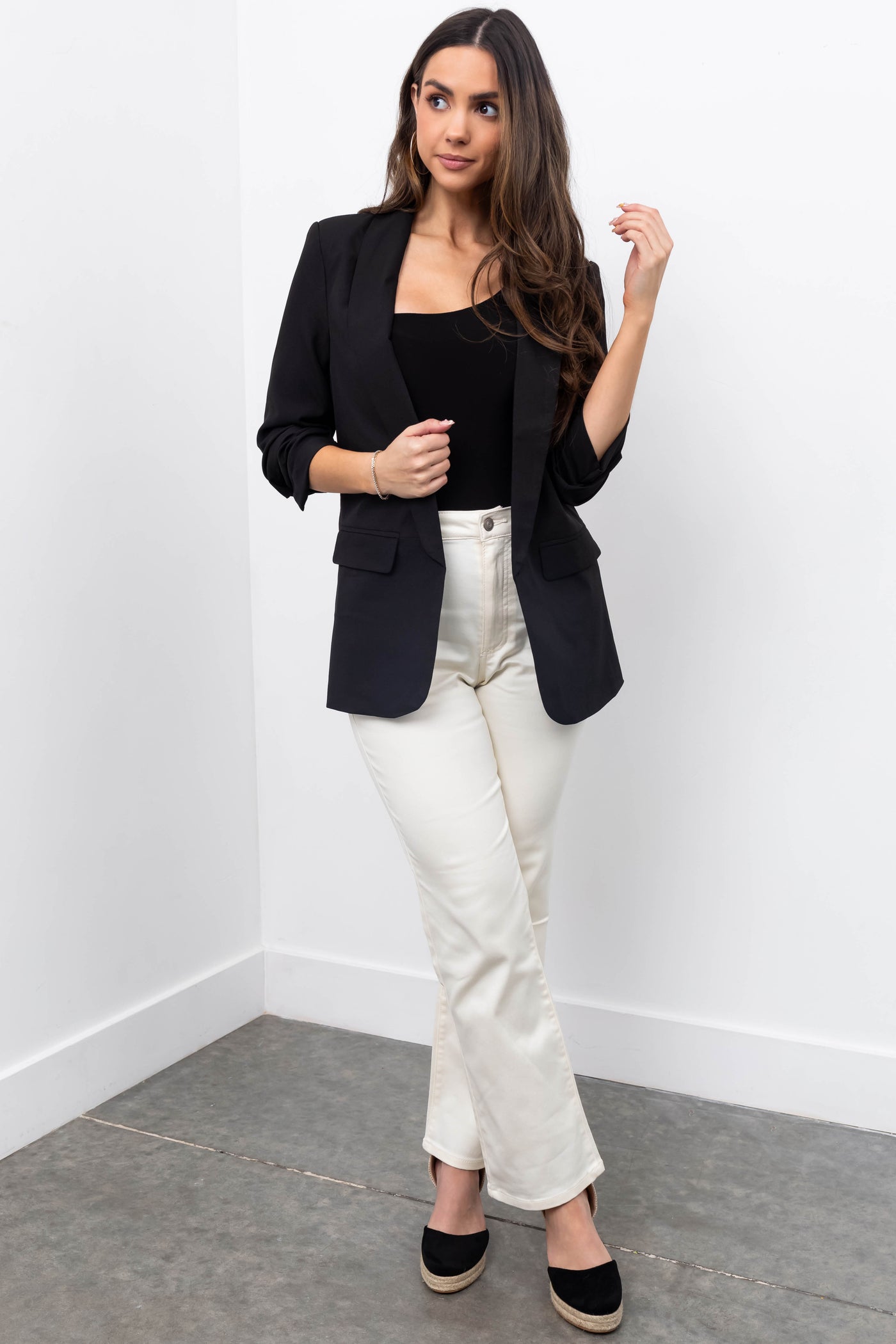 Black Ruched 3/4 Sleeve Open Front Blazer