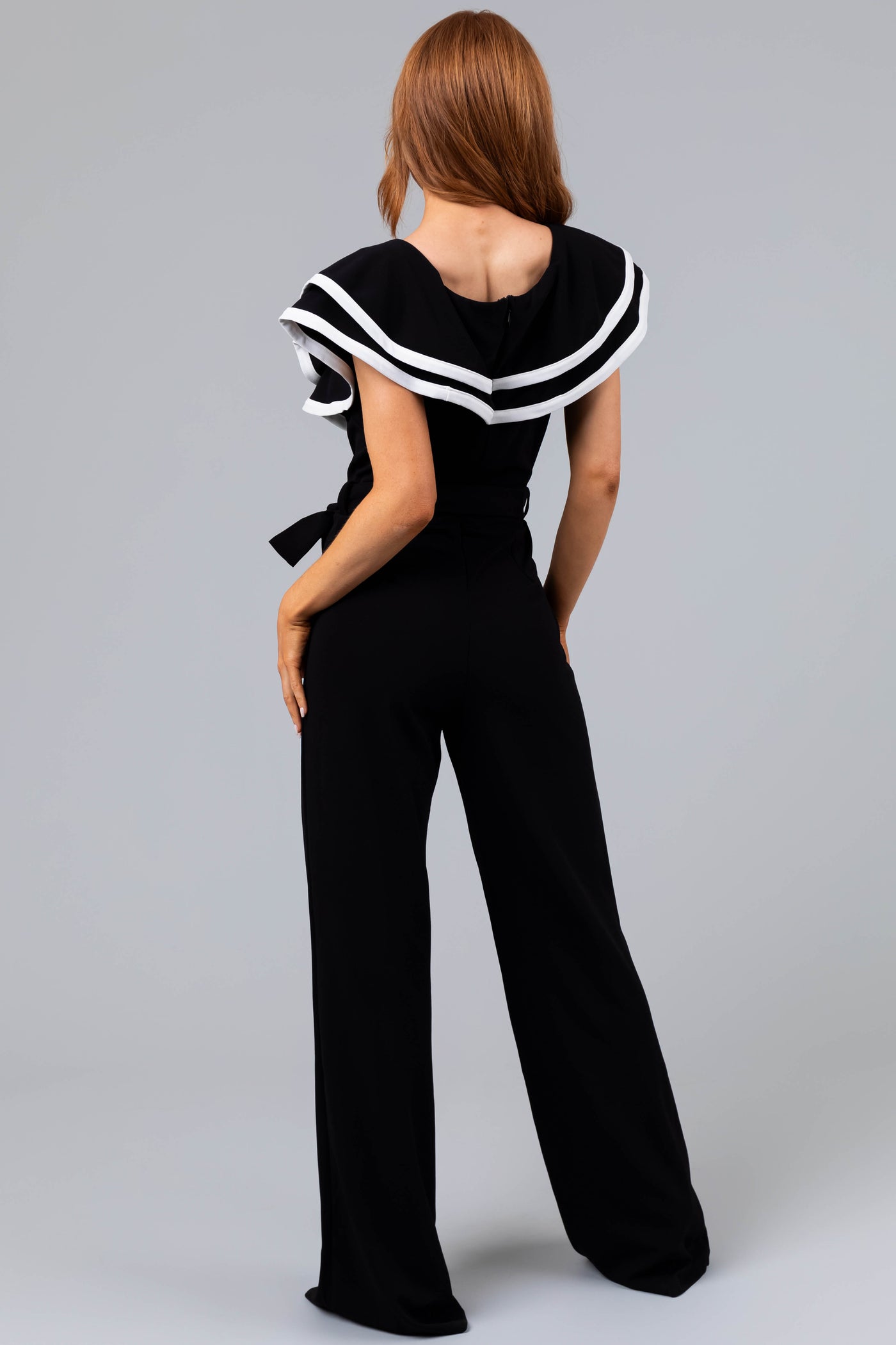Black Ruffle Jumpsuit with Ivory Contrast Trim