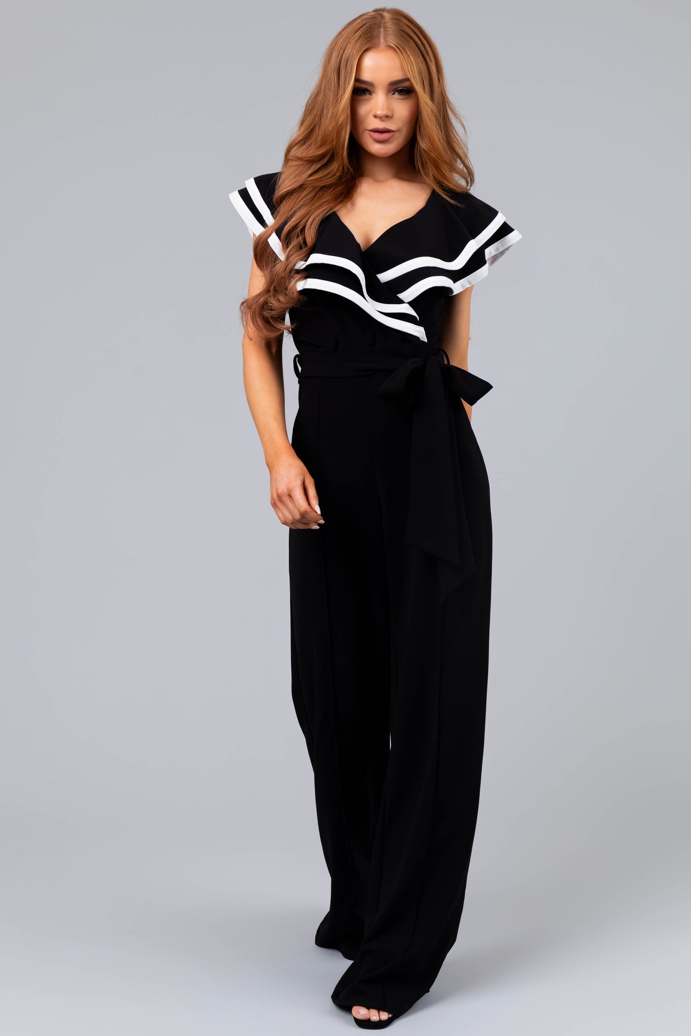 Black Ruffle Jumpsuit with Ivory Contrast Trim