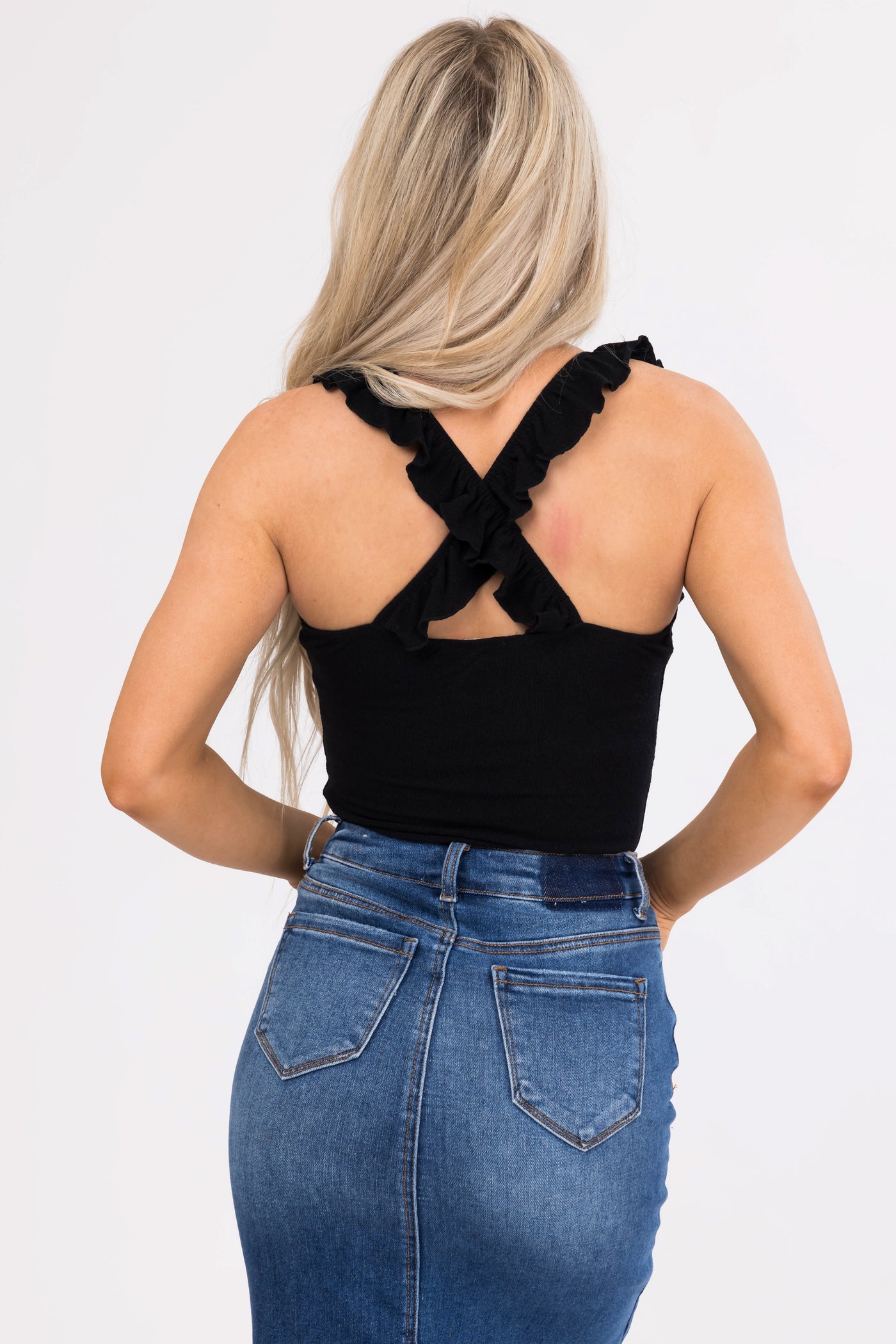 Black Ruffle Strap Cross Back Knit Bodysuit