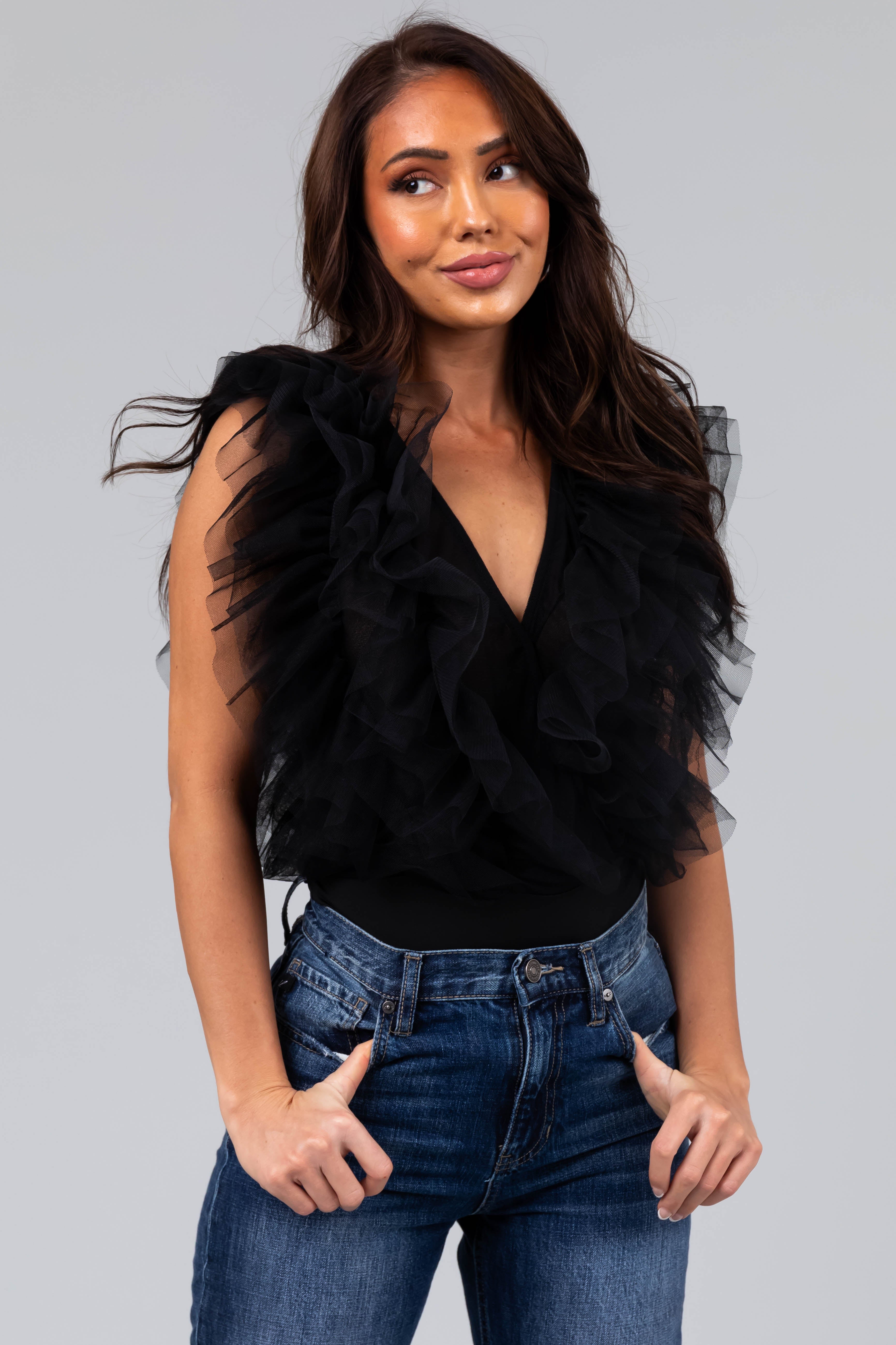 Ruffle Black Bodysuit