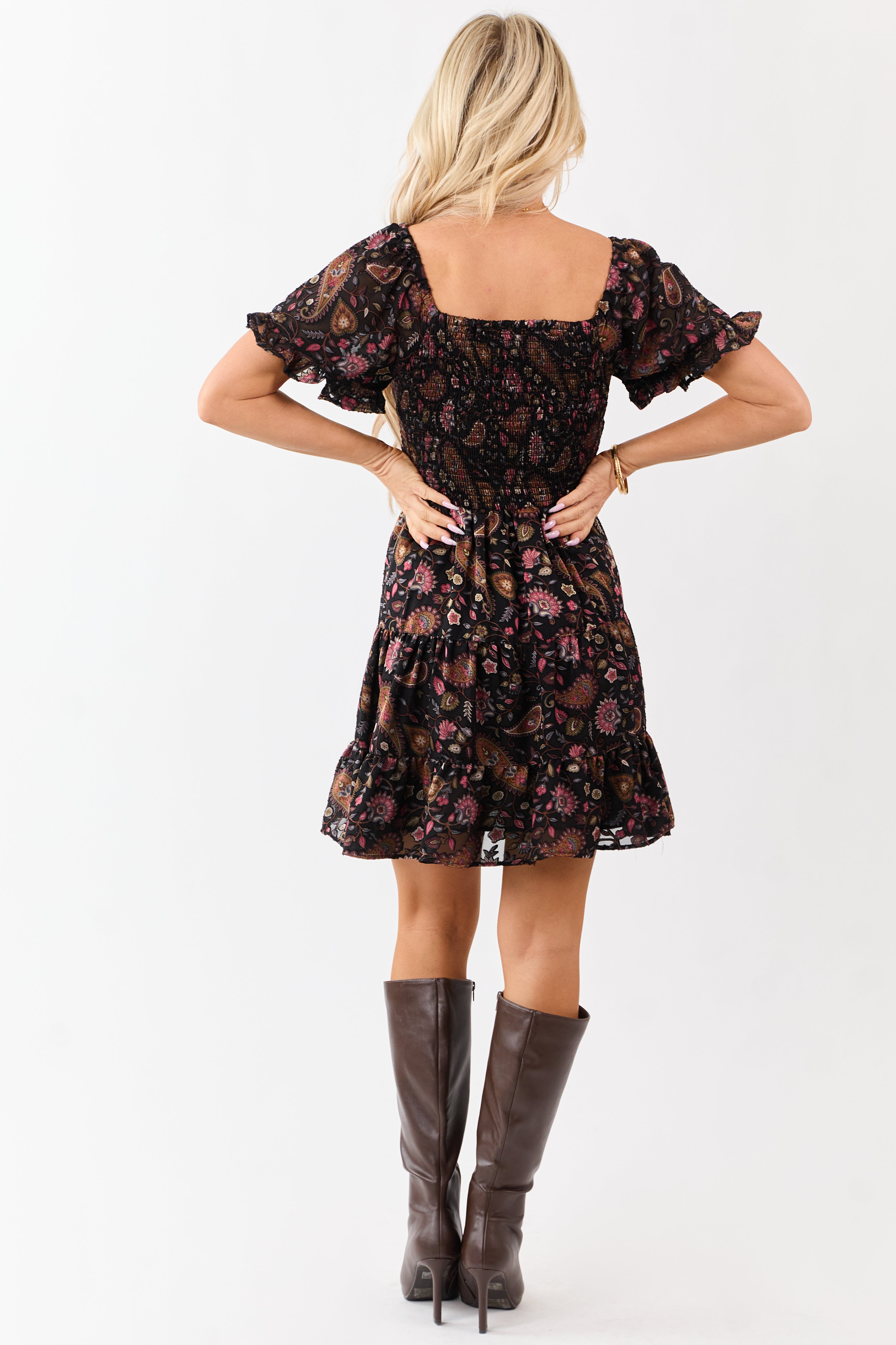 Black Satin Floral Paisley Pattern Tiered Mini Dress