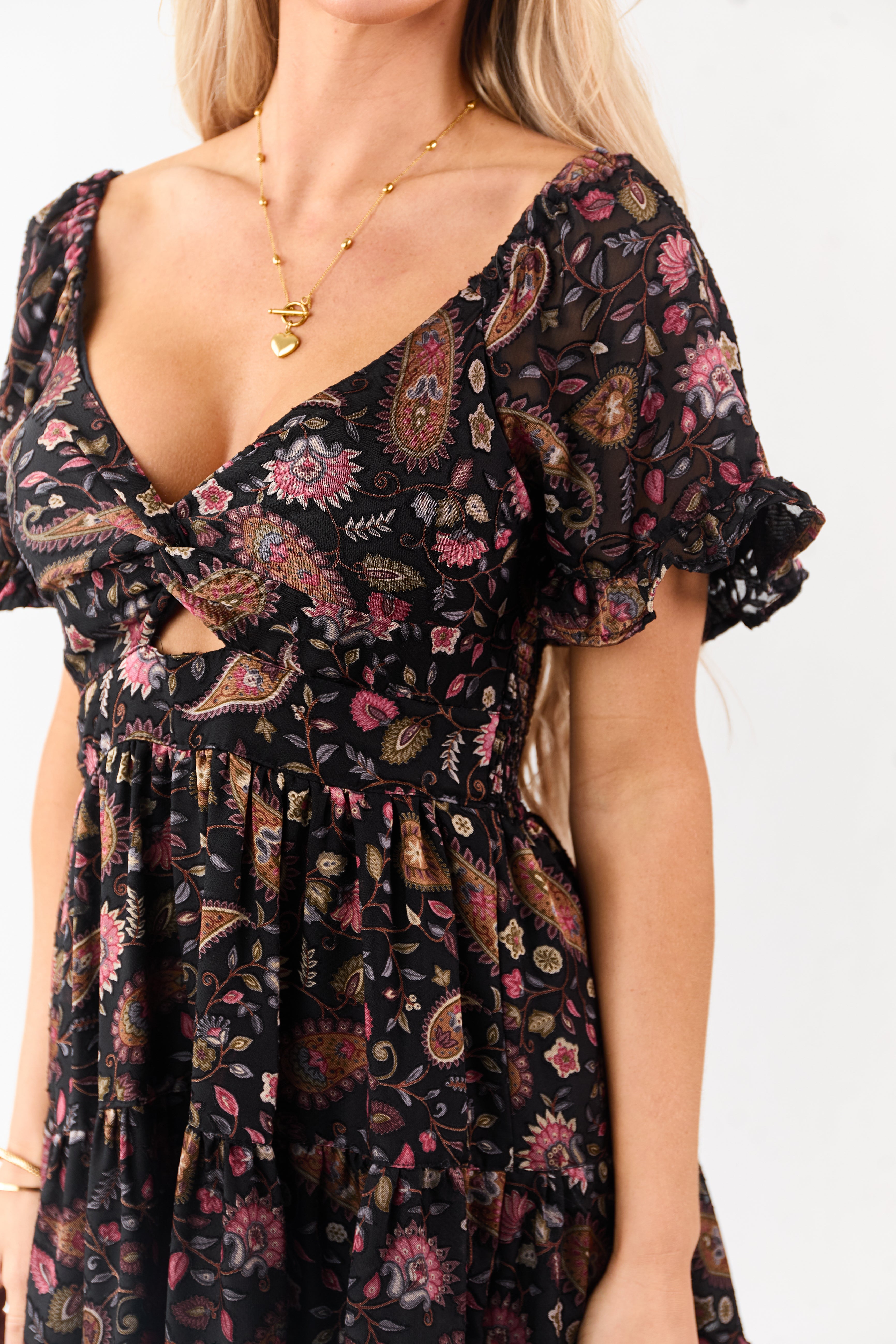 Black Satin Floral Paisley Pattern Tiered Mini Dress