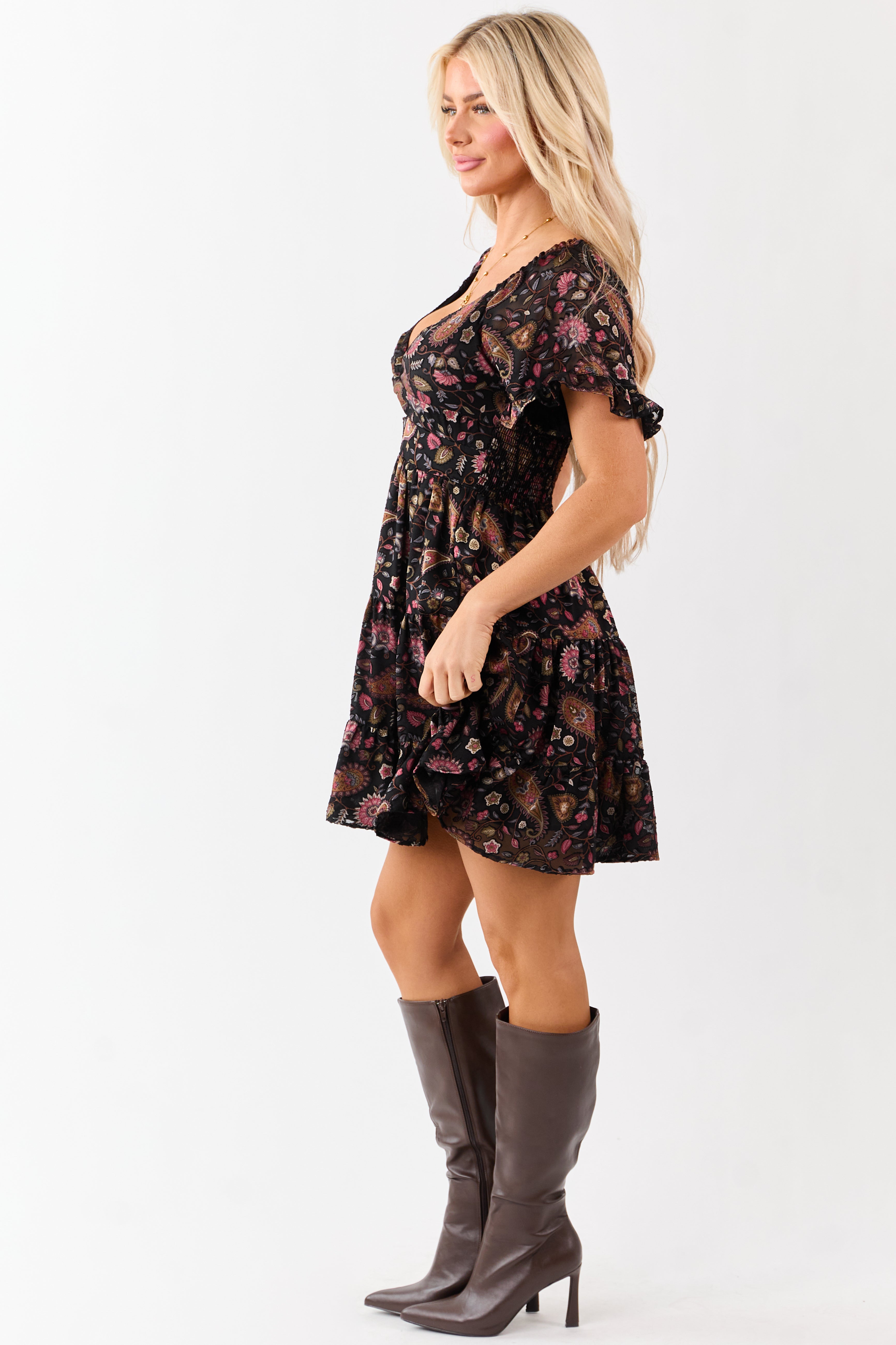 Black Satin Floral Paisley Pattern Tiered Mini Dress