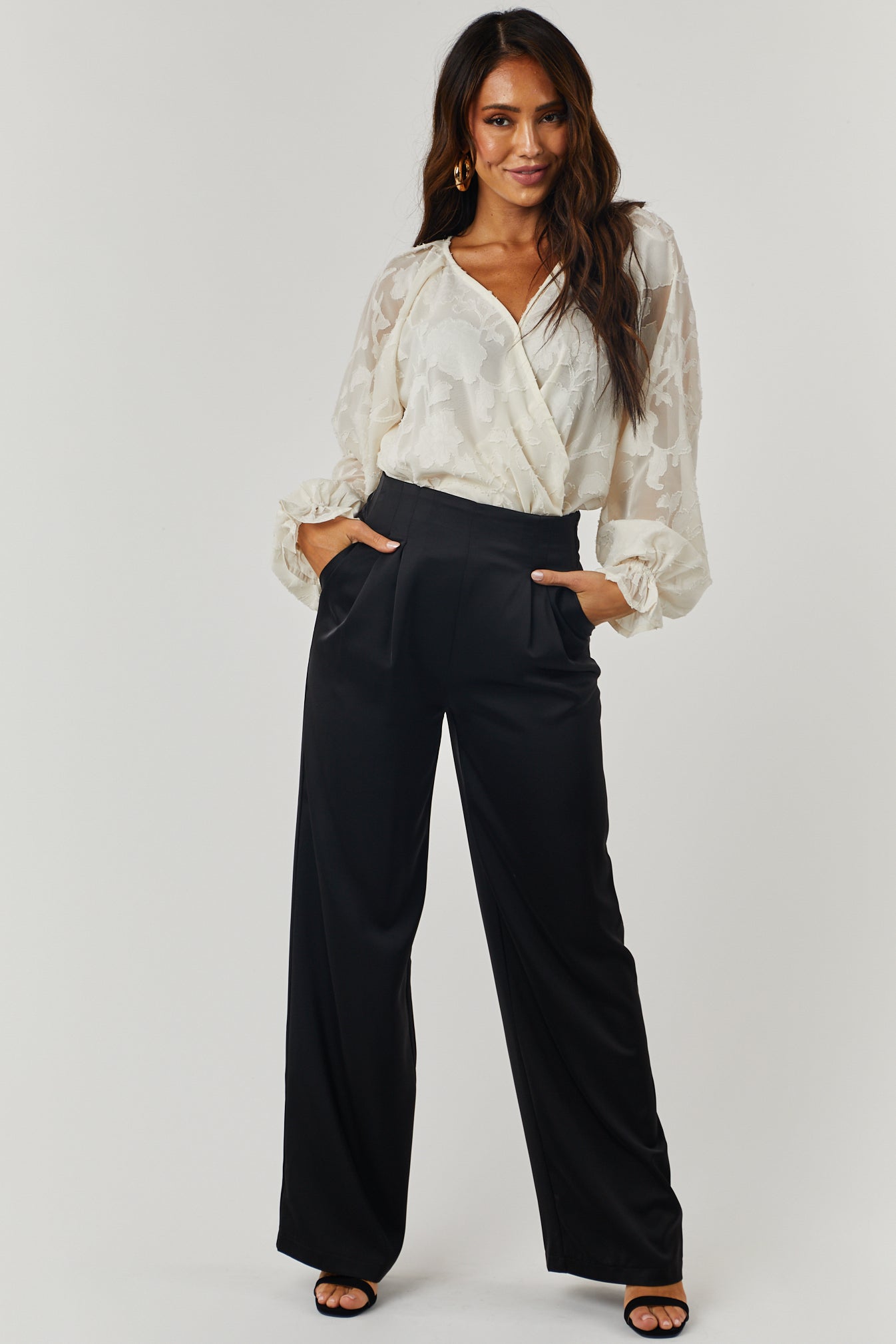 Black Satin High Waisted Wide Leg Pants with Pockets