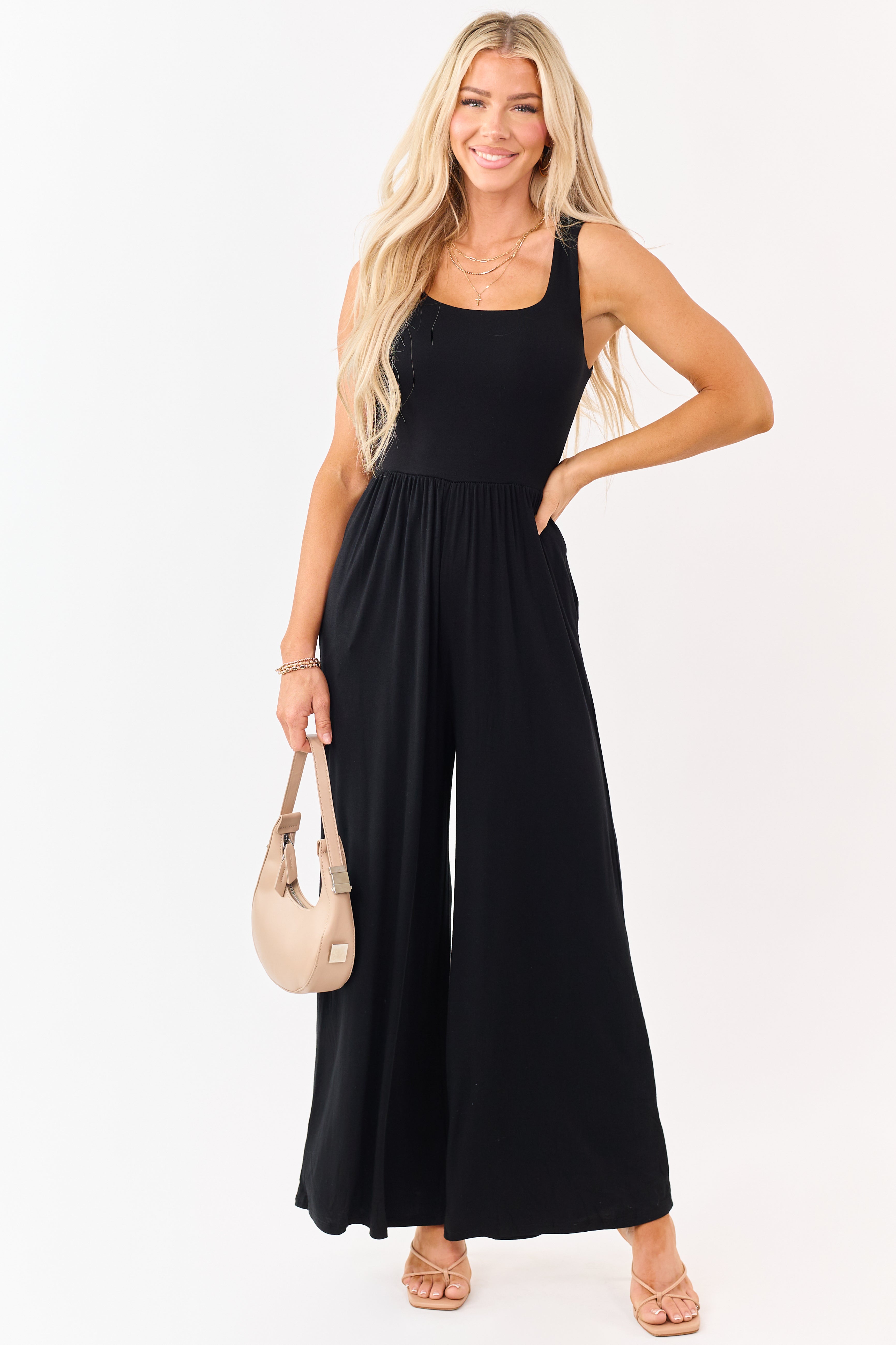 Black Sleeveless Wide Leg Soft Knit Jumpsuit | Lime Lush Boutique