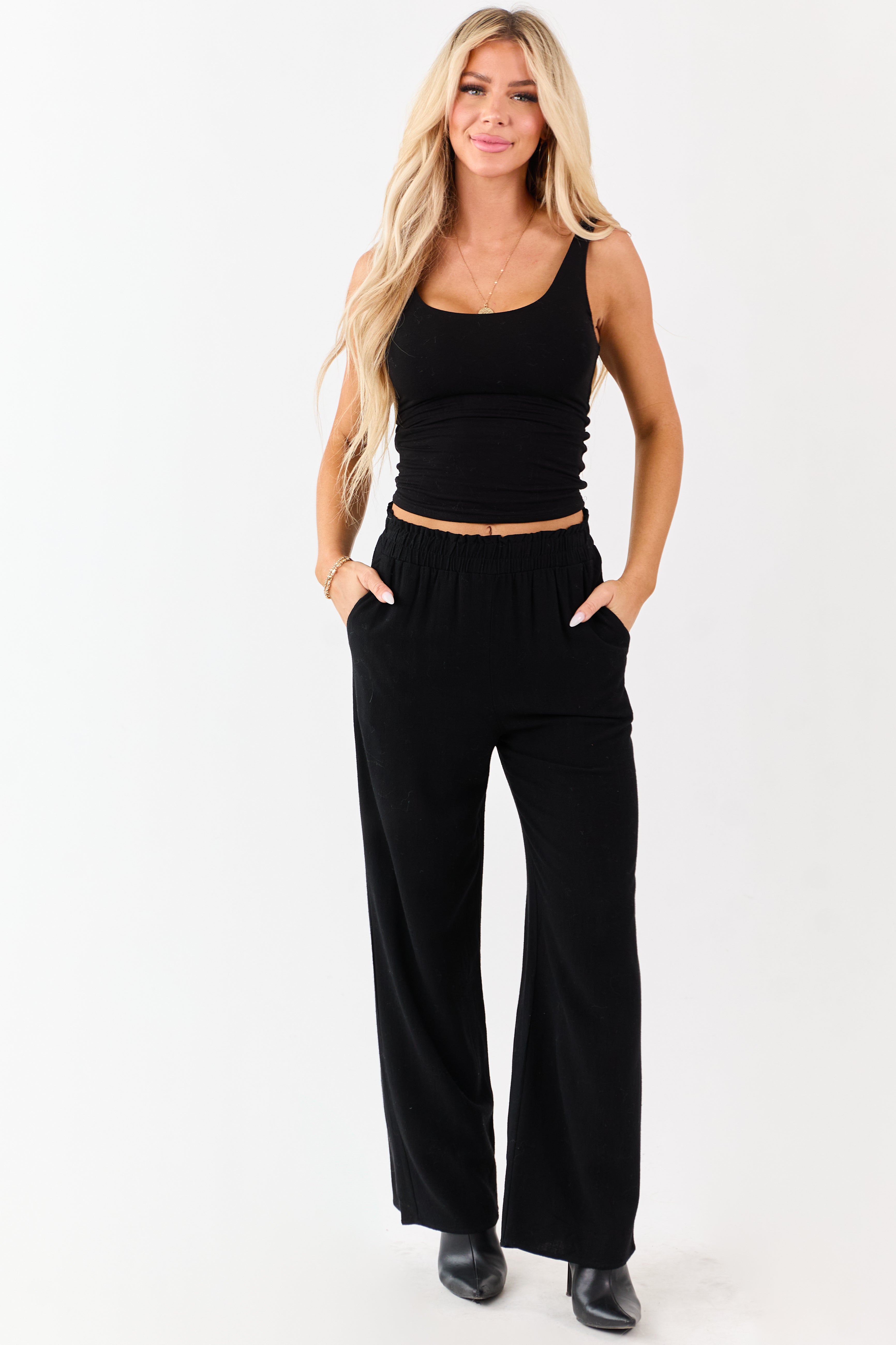 Black Smocked Waistband Wide Leg Linen Blend Pants | Lime Lush