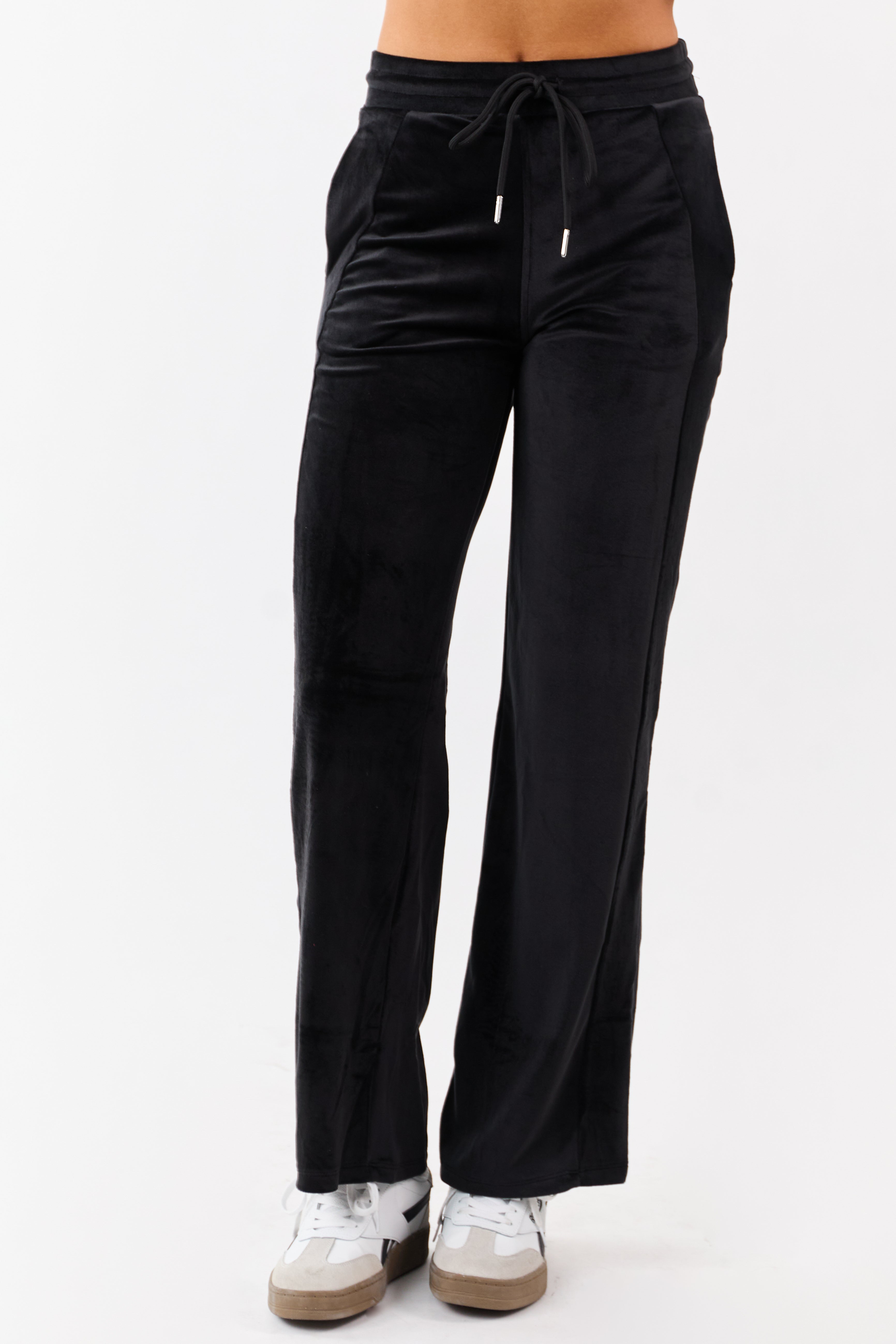 Black Soft Plush Wide Leg Drawstring Pants