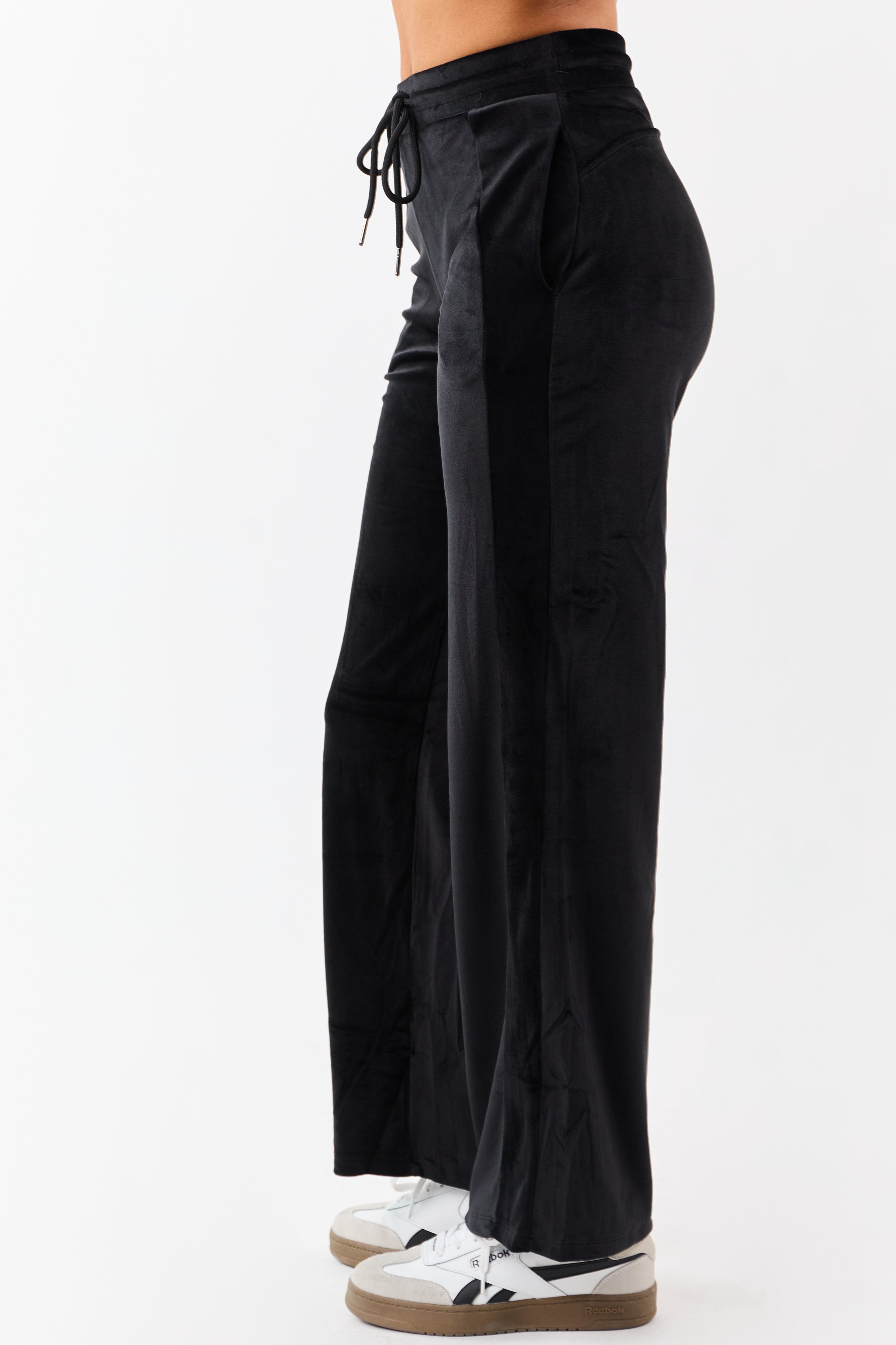 Black Soft Plush Wide Leg Drawstring Pants