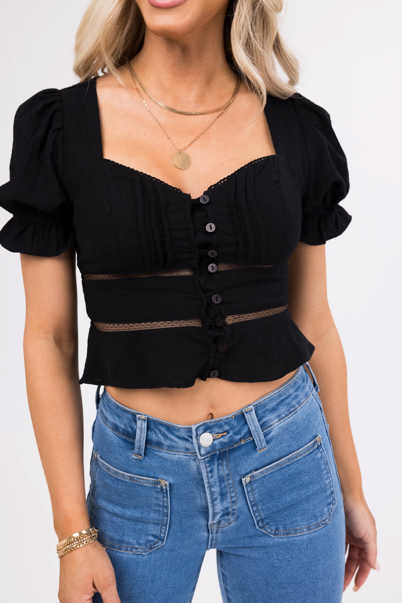 Black Sweetheart Neck Lace Detailed Blouse