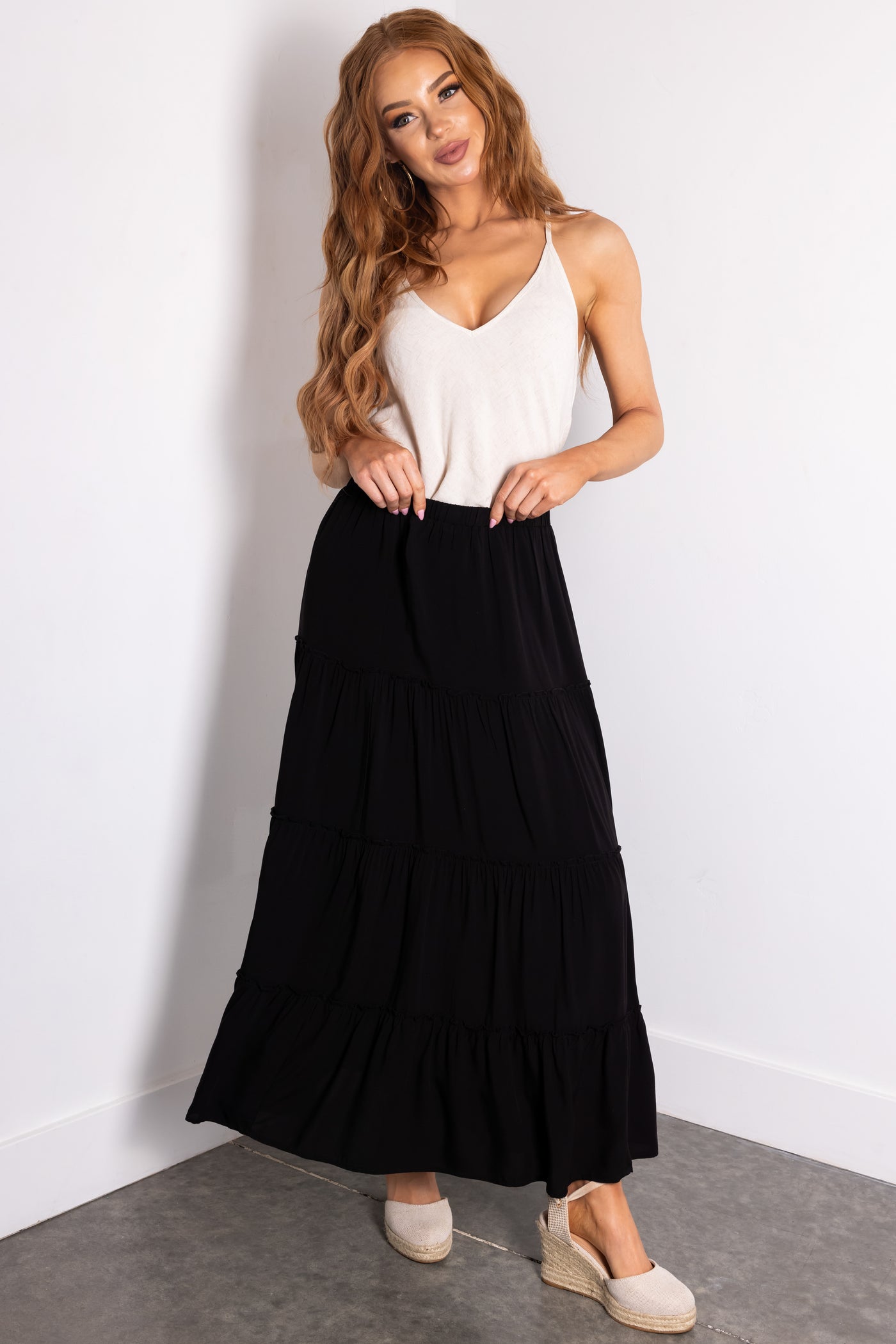 Black Tiered Elastic Waist Woven Maxi Skirt